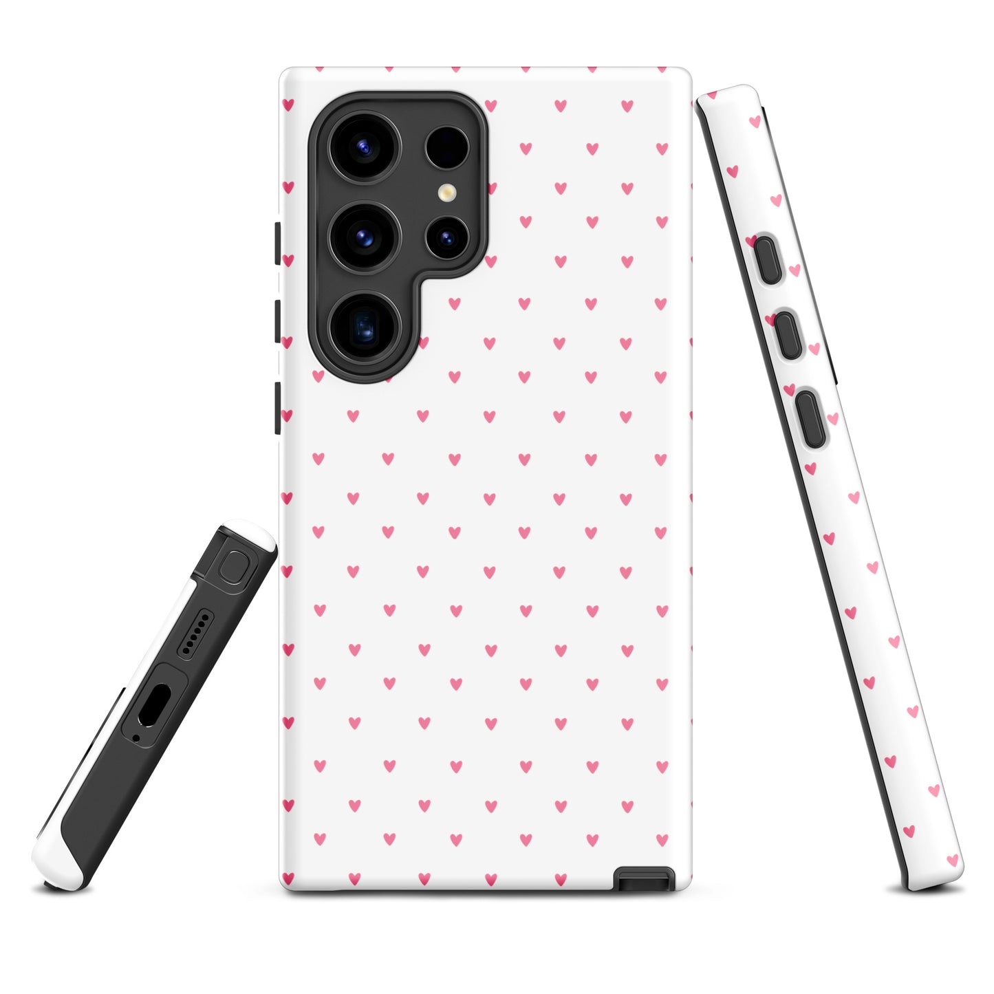 Phone Case for Samsung Galaxy with heart-dot pattern in pink on white background, playful and stylish design.