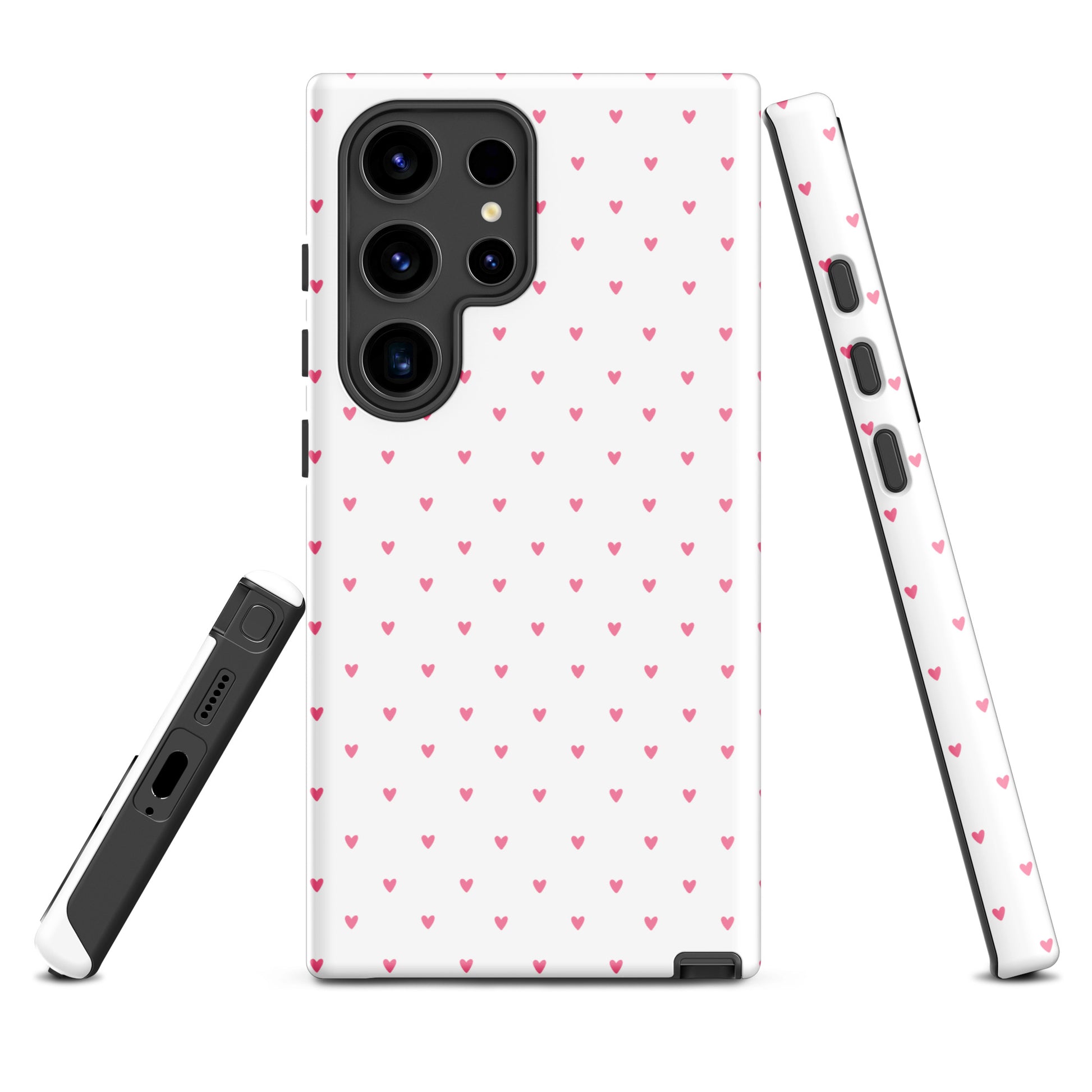 Phone Case for Samsung Galaxy with heart-dot pattern in pink on white background, playful and stylish design.