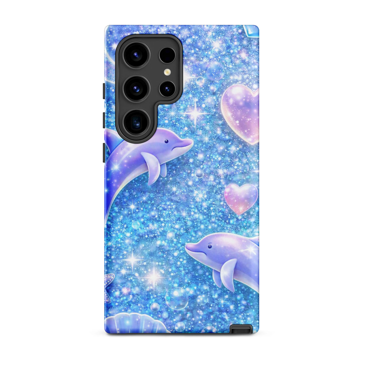 Ocean Glitter Dolphins Phone Case for Samsung Galaxy with sparkling liquid glitter and floating dolphins design.