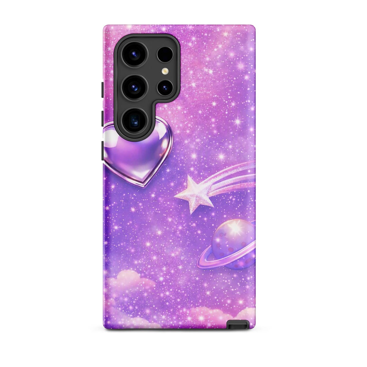 Phone Case for Samsung Galaxy with cosmic heart and shooting star design, featuring dreamy celestial artwork with stars and pastel clouds.