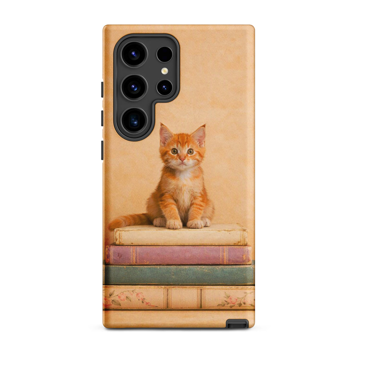 Phone Case for Samsung Galaxy featuring a cute orange kitten sitting on vintage books, stylish protective cover for cat and book lovers.