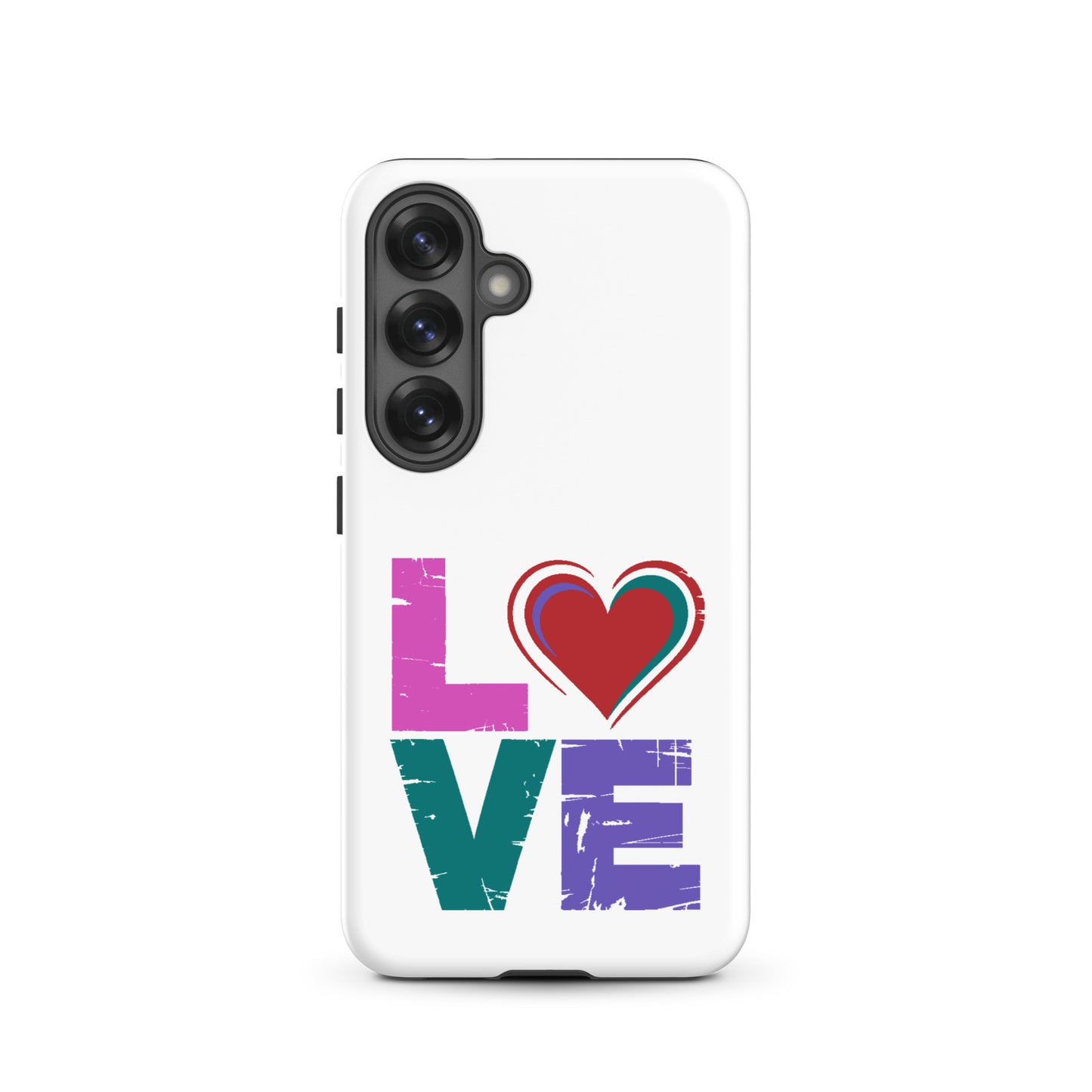 Tough case for Samsung Galaxy Phones featuring colorful 'love' design with heart symbol.