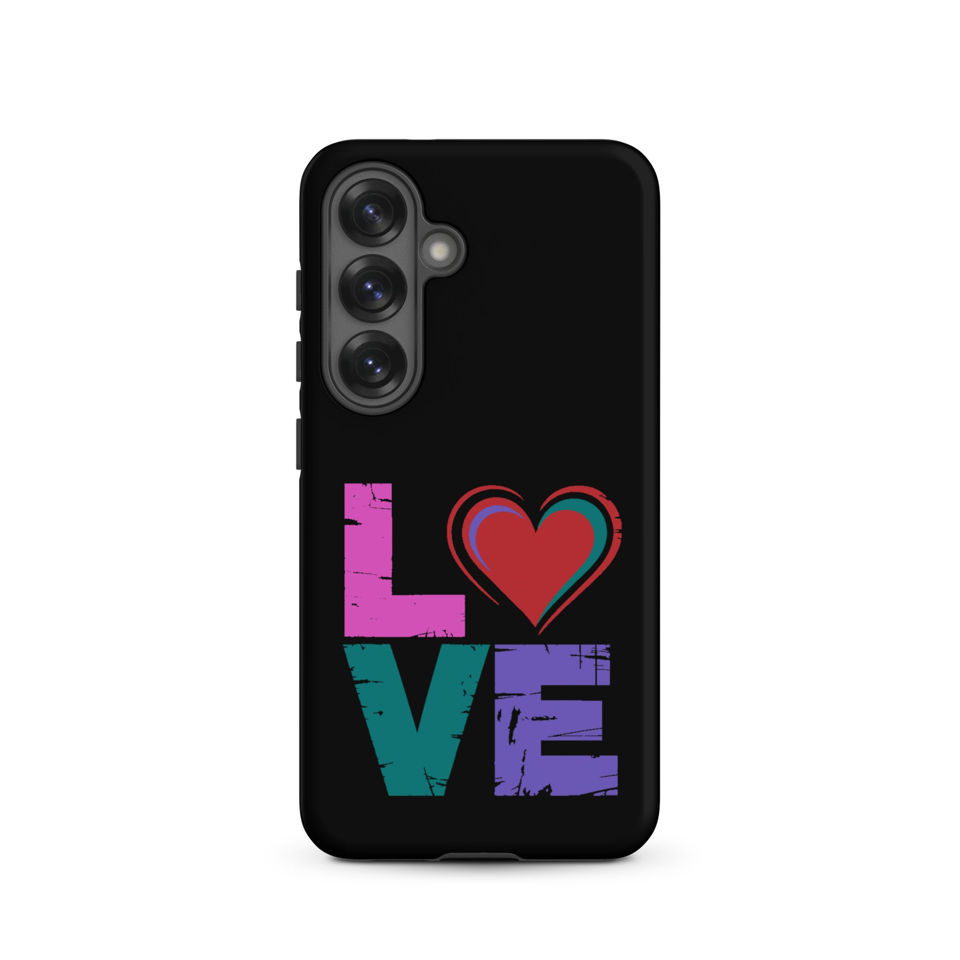 Tough case for Samsung Galaxy Phones featuring colorful 'love' design with heart.
