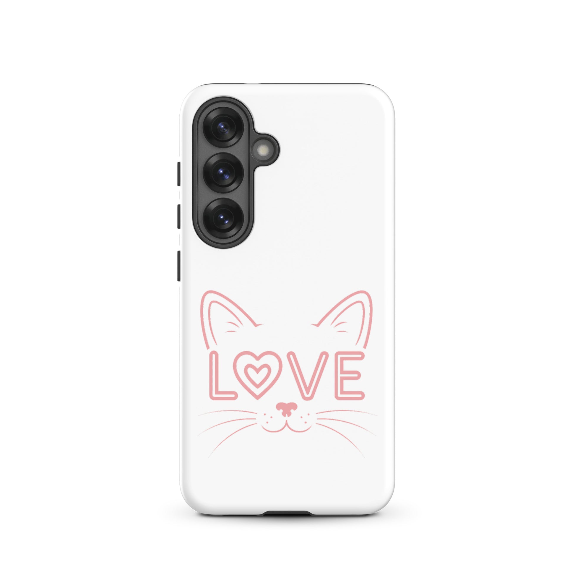 Cat Love Phone Case for Samsung Galaxy featuring minimalist cat face design and word 'love' as an eye.