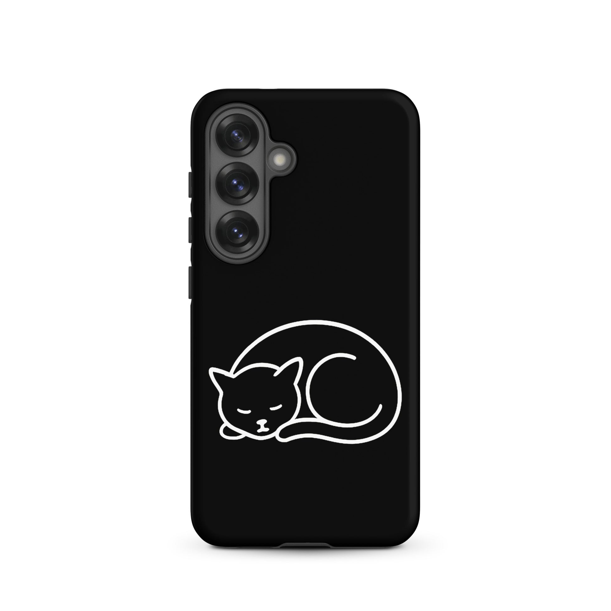 Phone Case for Samsung Galaxy Phones featuring a minimalist curled-up cat design in white on a black background.
