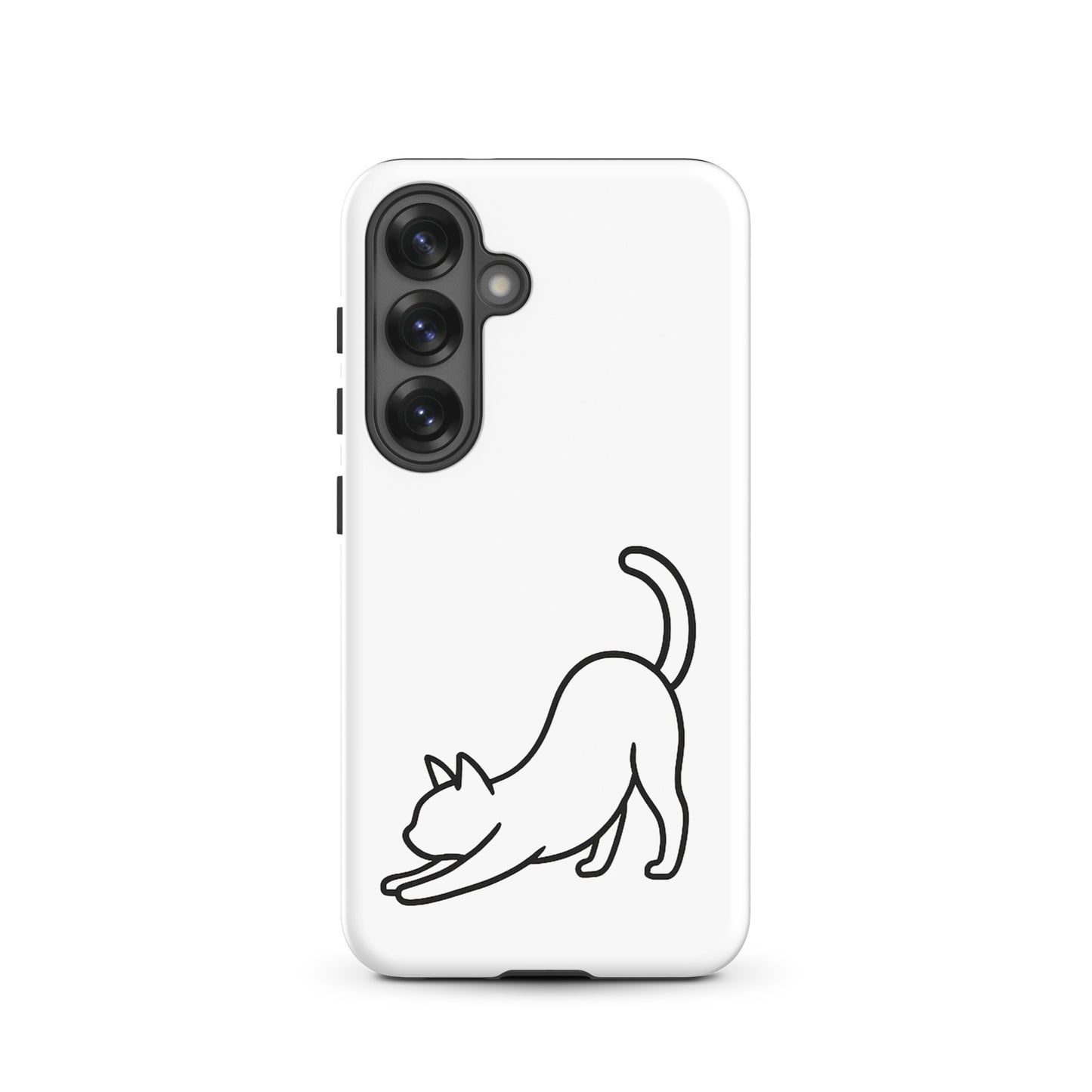 Phone Case for Samsung Galaxy featuring a minimalist stretching cat design on a sleek white background.