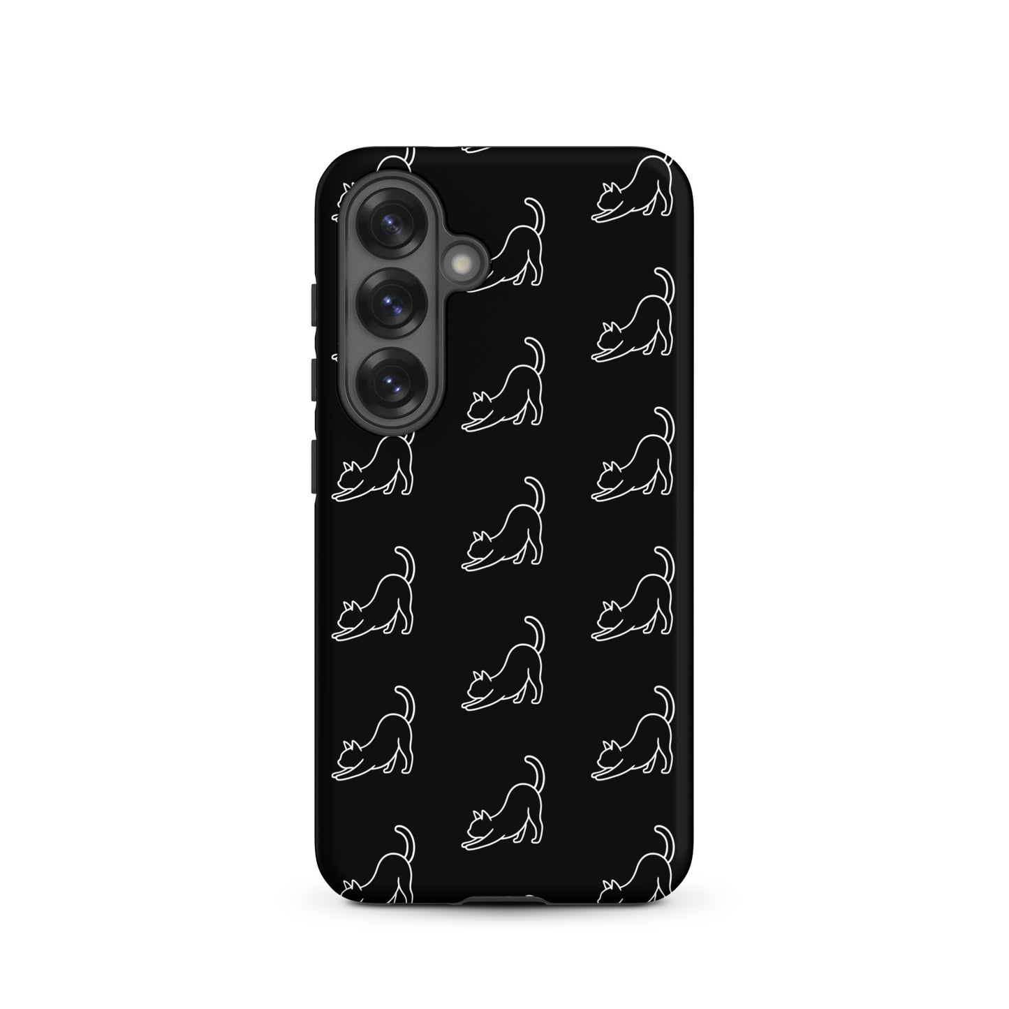 Phone Case for Samsung Galaxy featuring minimalist stretching cat pattern on a black background.