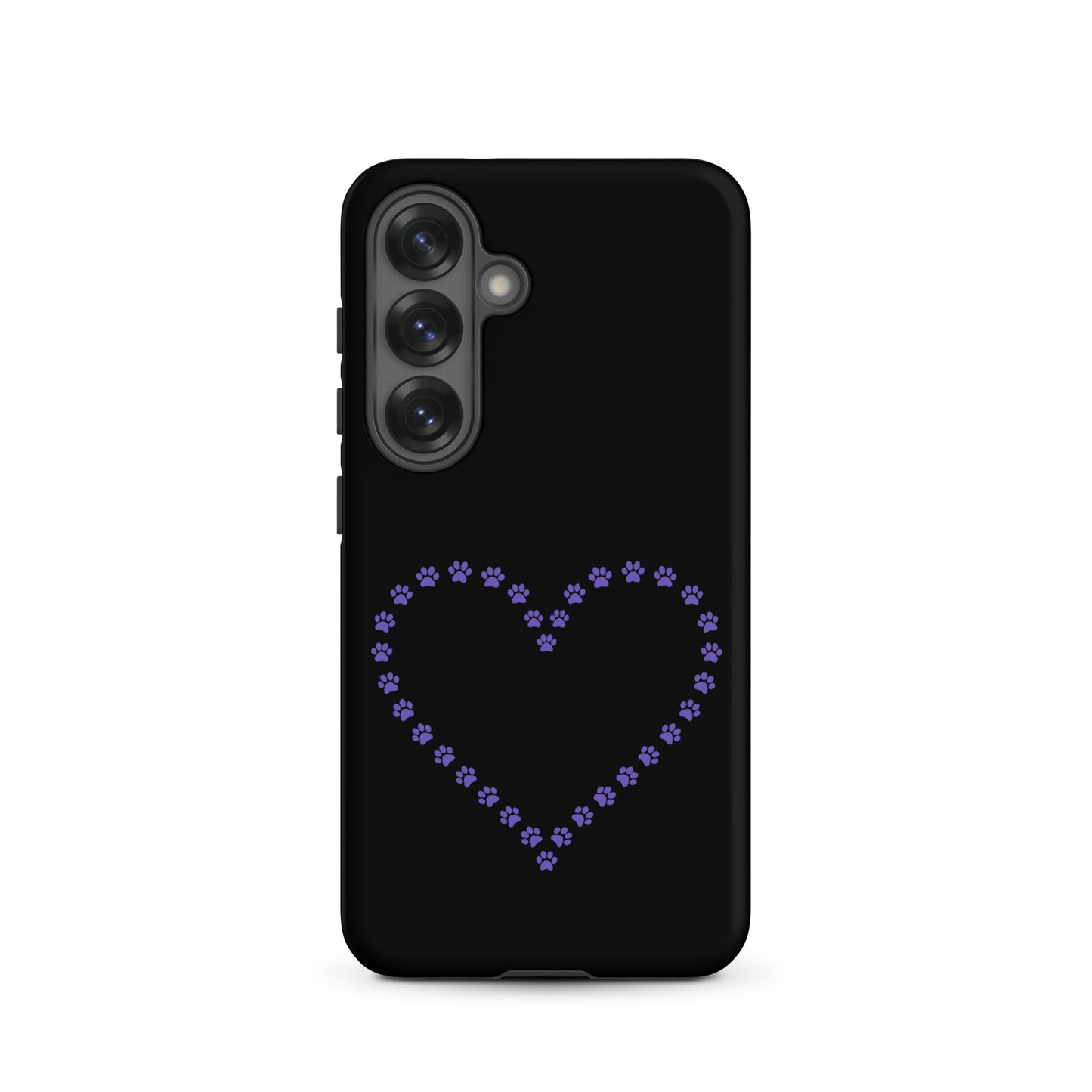 Phone Case for Samsung Galaxy with paw print heart design for pet lovers, black background.