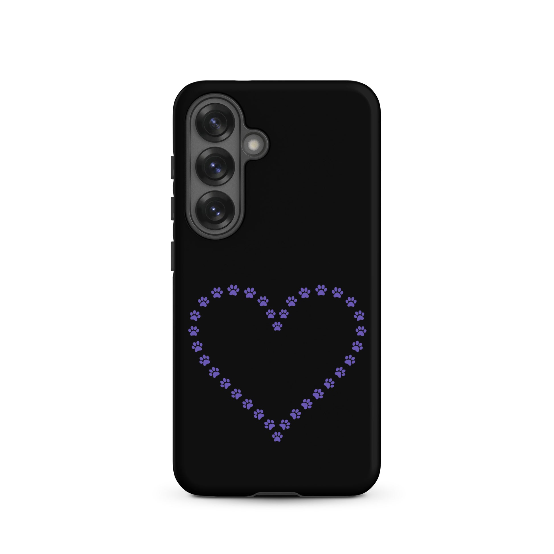 Phone Case for Samsung Galaxy with paw print heart design for pet lovers, black background.