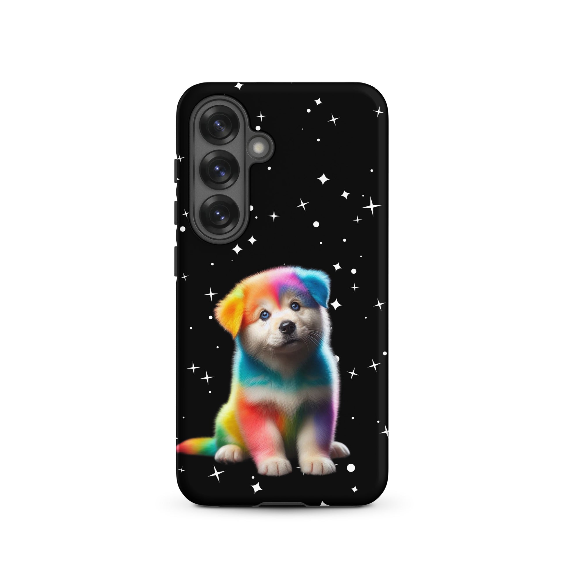 Phone Case featuring a colorful rainbow puppy design against a starry night sky for Samsung Galaxy.