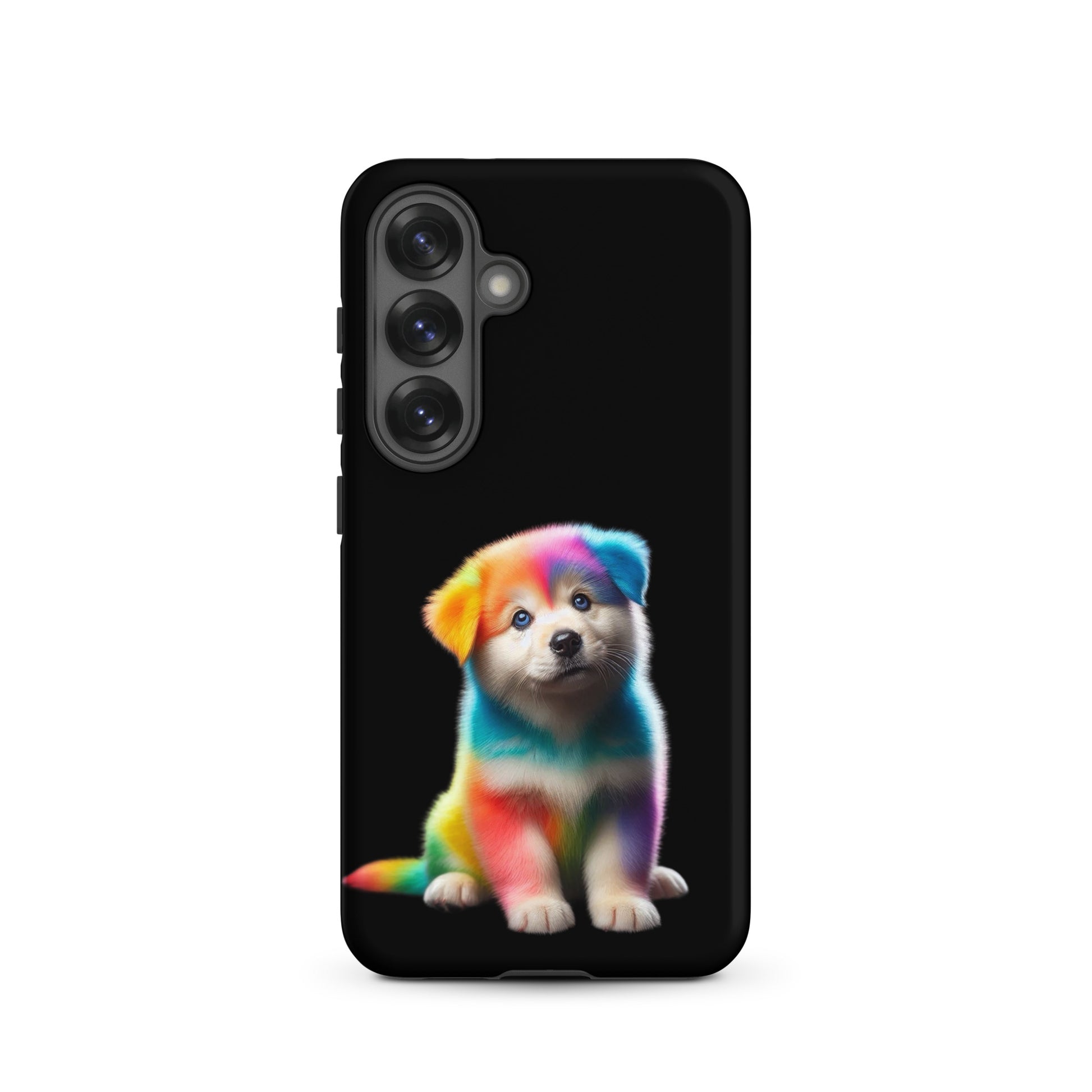 Phone Case featuring a vibrant rainbow puppy design on a black background for Samsung Galaxy.