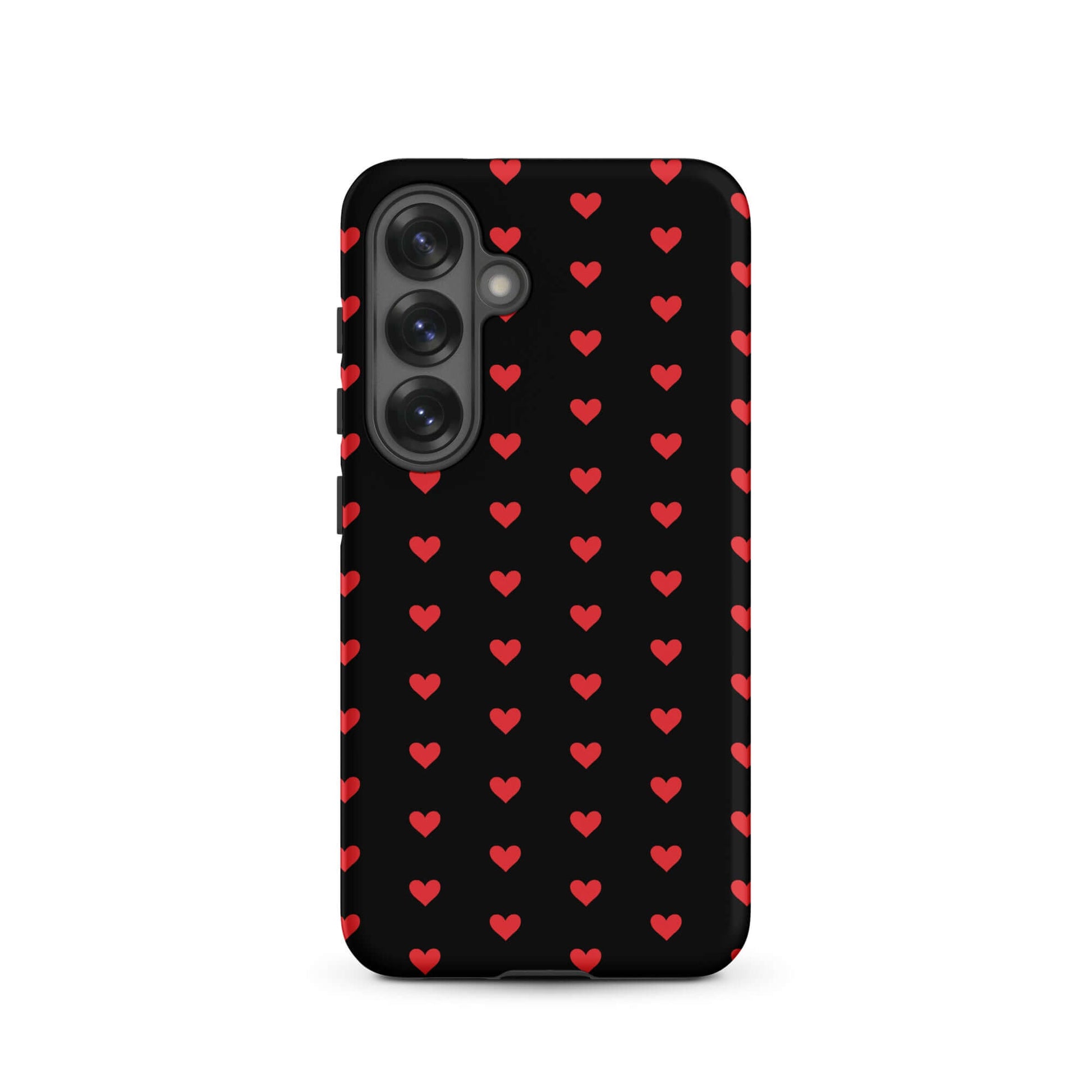 Phone Case for Samsung Galaxy with fiery red hearts on a black background, combining bold design and protection.