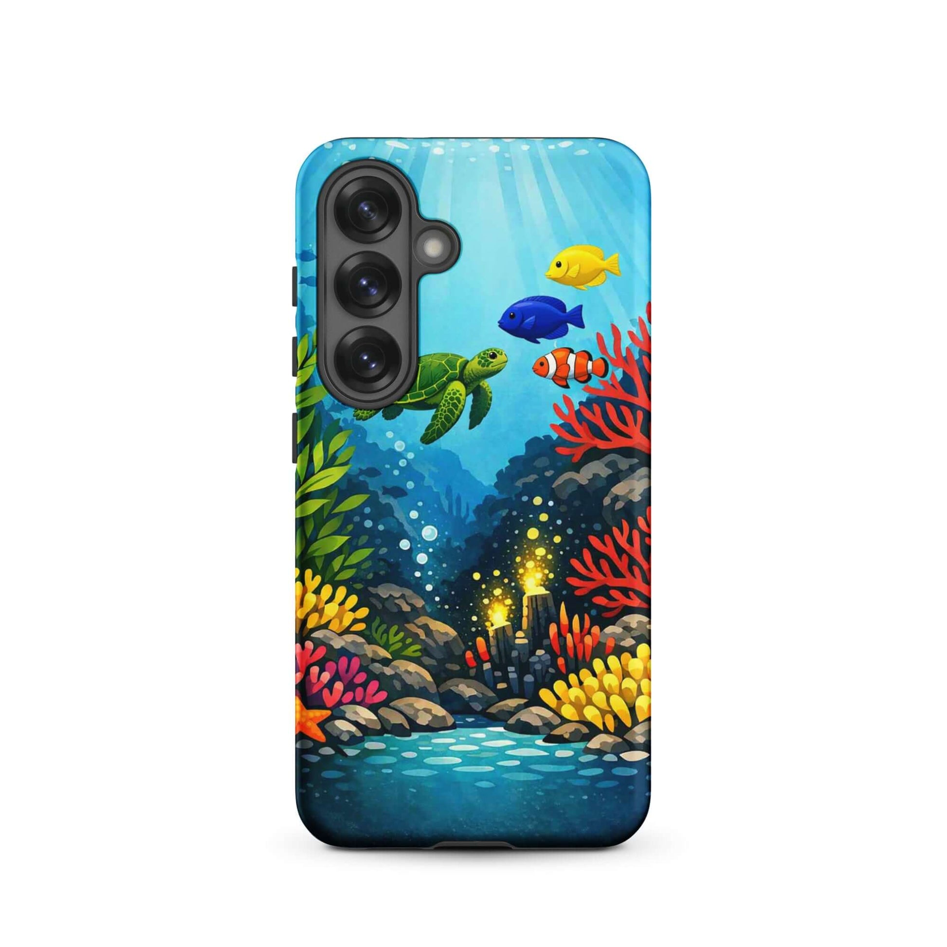 Phone case featuring vibrant sea turtle and coral reef design with colorful tropical fish.
