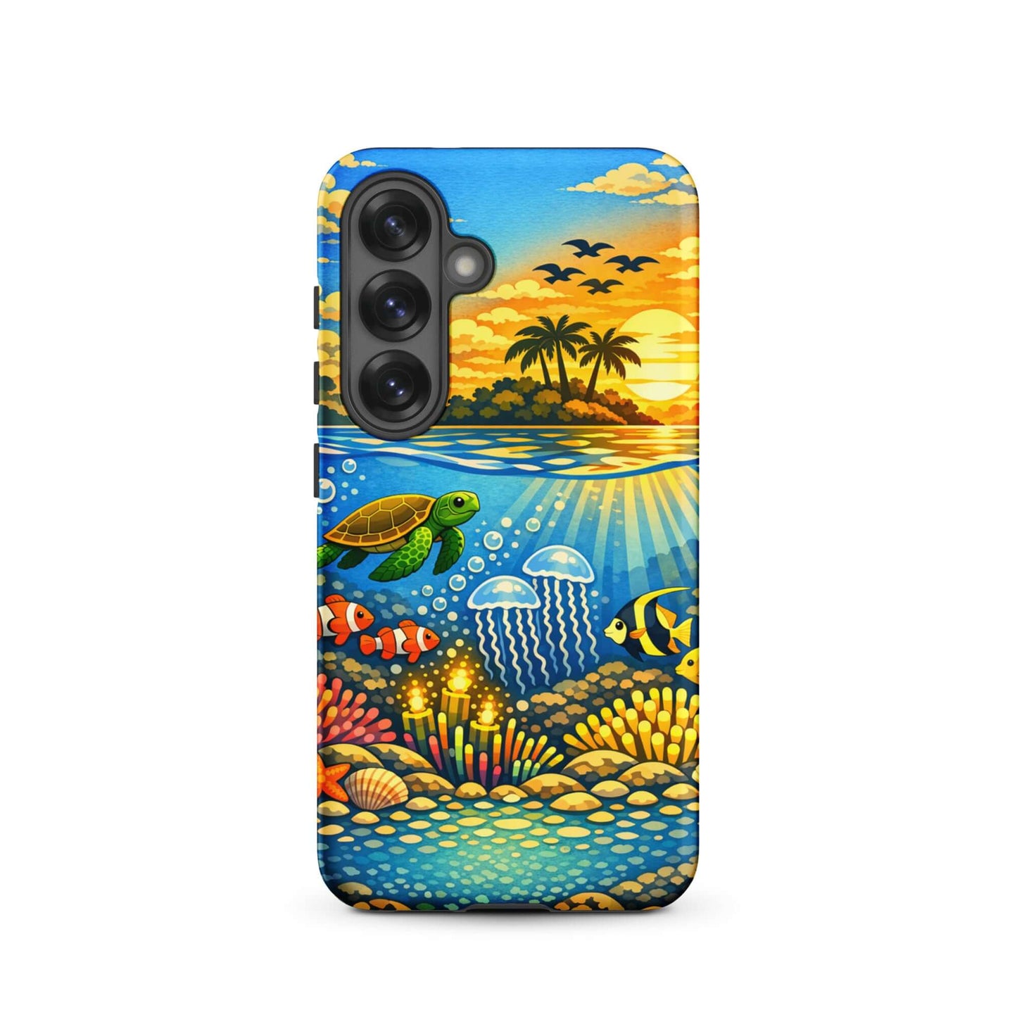 Phone Case for Samsung Galaxy featuring tropical sunset and vibrant underwater reef scene.