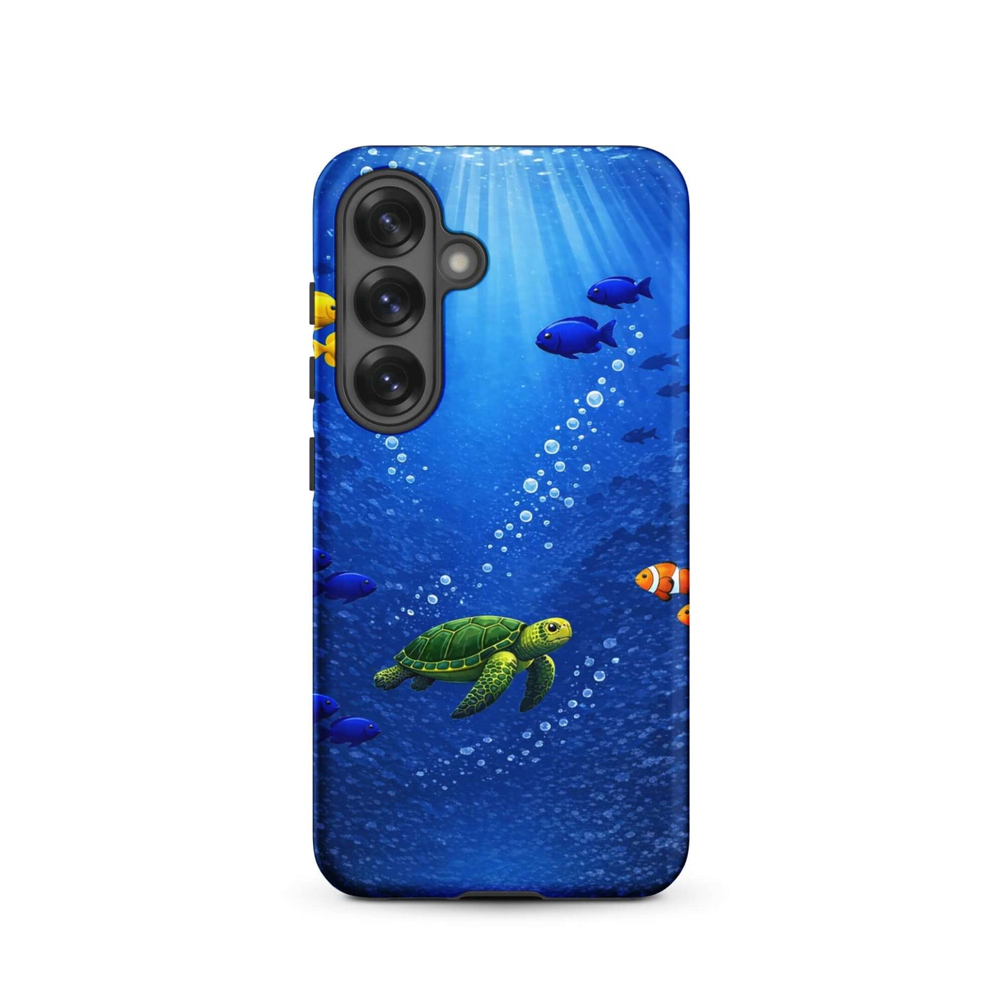 Phone Case featuring a sea turtle design swimming amidst tropical fish and bubbles in deep blue water.