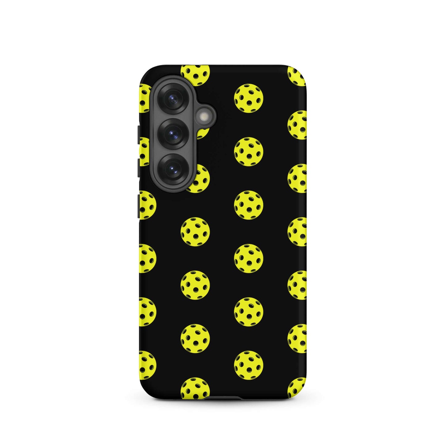 Phone Case featuring a playful pickleball pattern on a black background for sporty style.