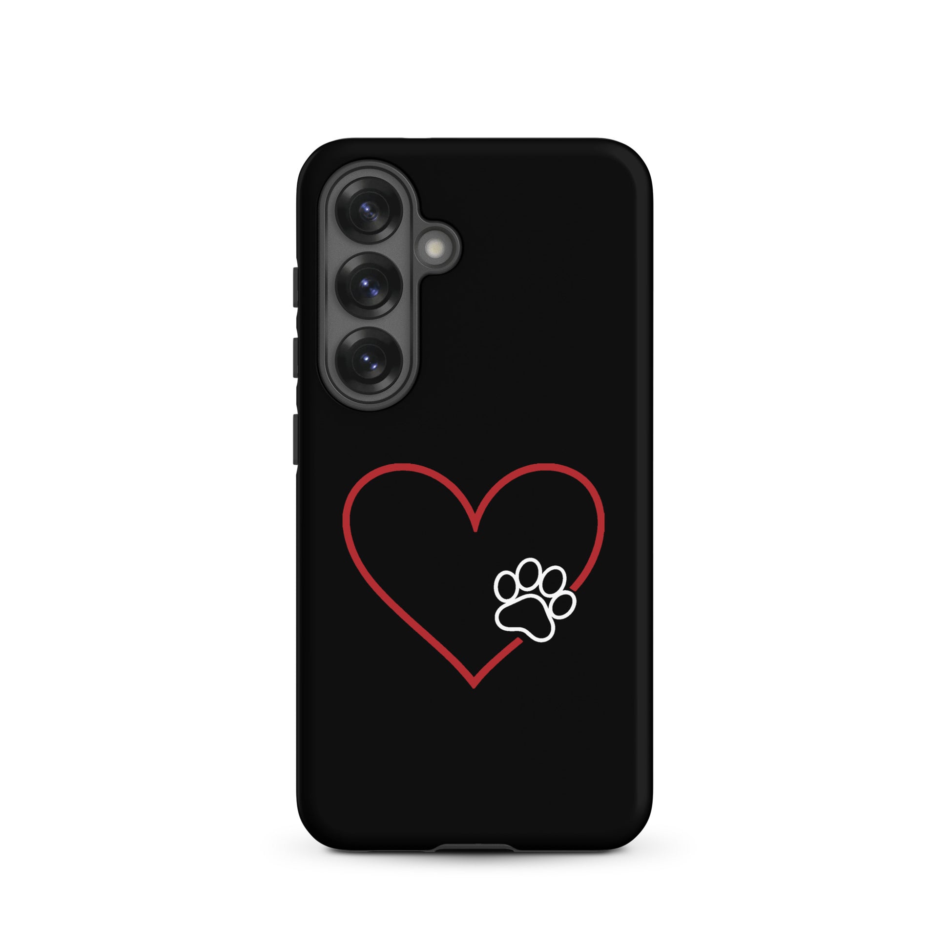Elegant heart paw print Phone Case for Samsung Galaxy, black with red heart and white paw design, perfect for pet lovers.