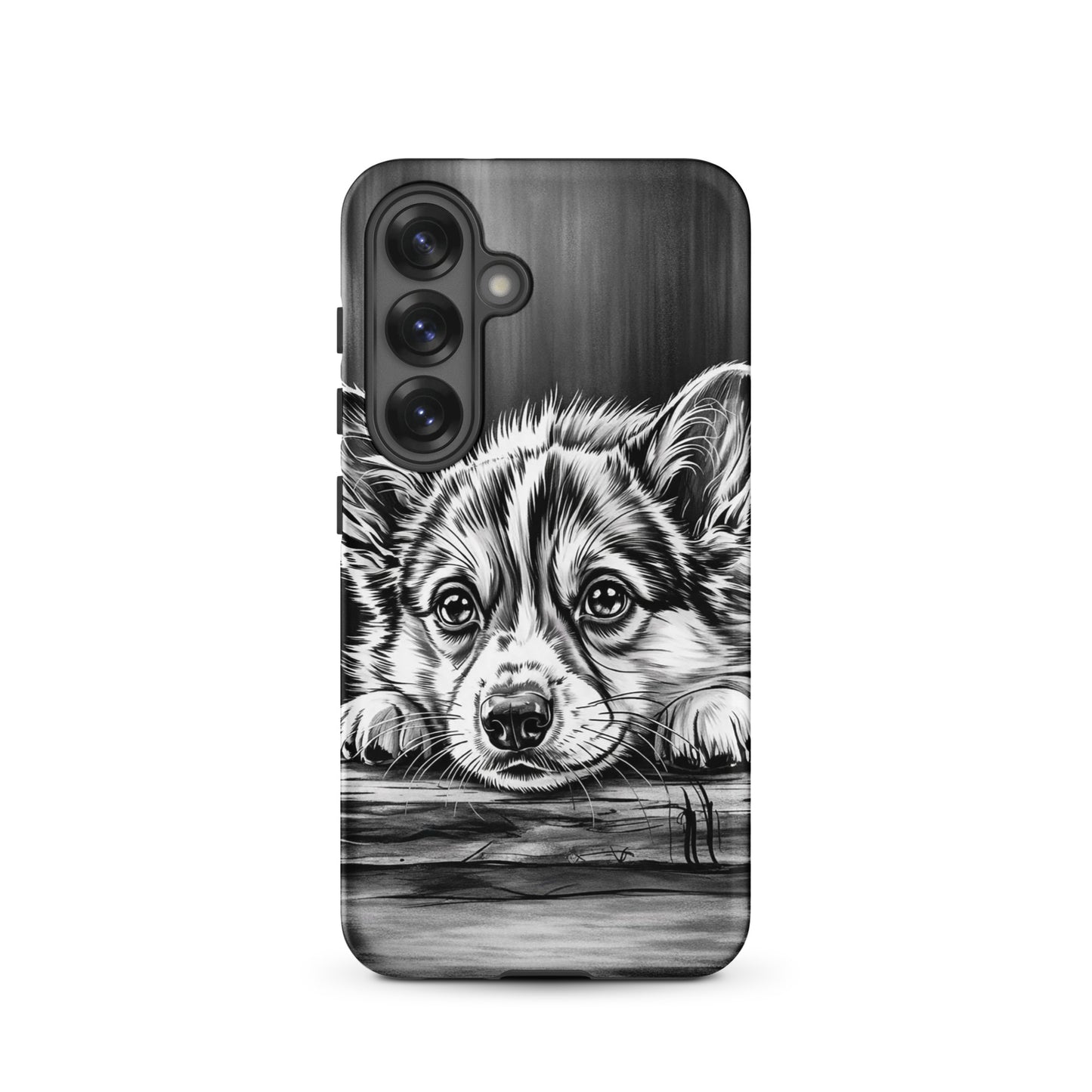 Phone Case for Samsung Galaxy with elegant black-and-white puppy art on wood, offering artistic charm and premium protection.