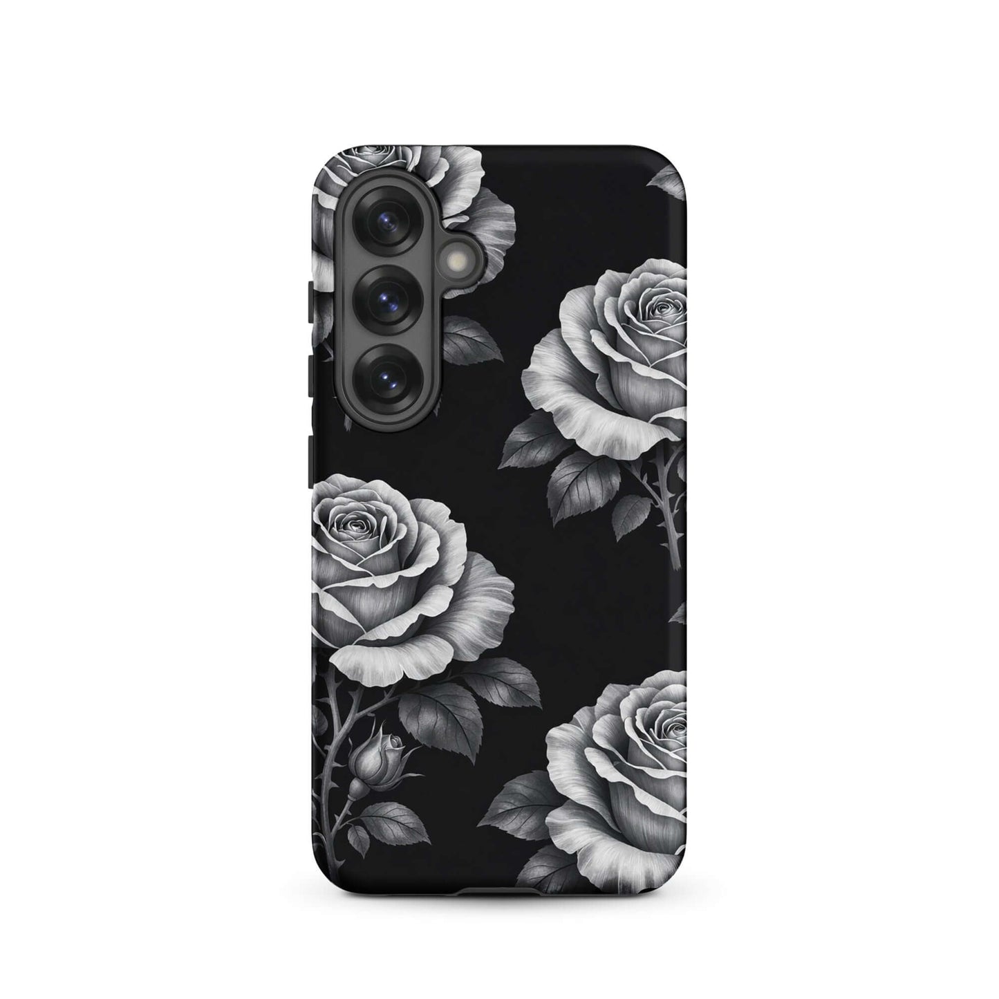 Phone Case for Samsung Galaxy with rose garden design on a black background, featuring pencil-sketch roses and leaves for stylish protection.