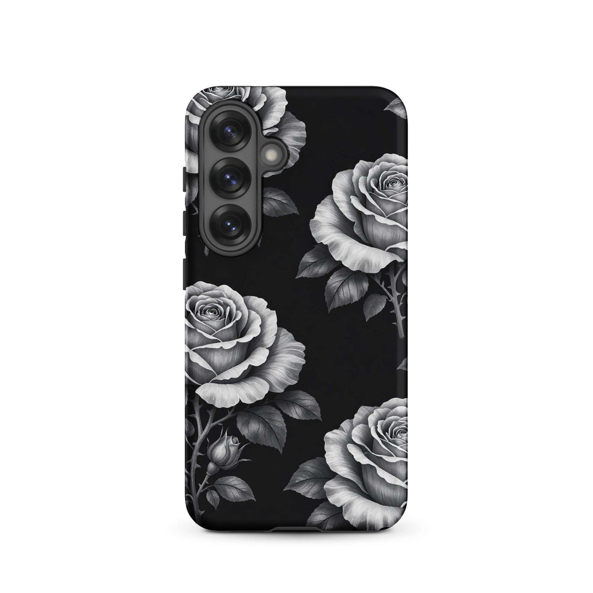 Phone Case for Samsung Galaxy with rose garden design on a black background, featuring pencil-sketch roses and leaves for stylish protection.