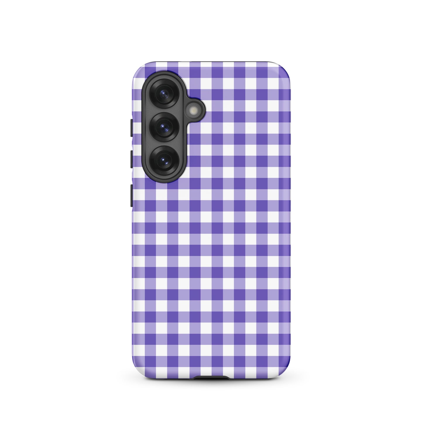 Phone case for Samsung Galaxy with purple gingham pattern, stylish design for protection