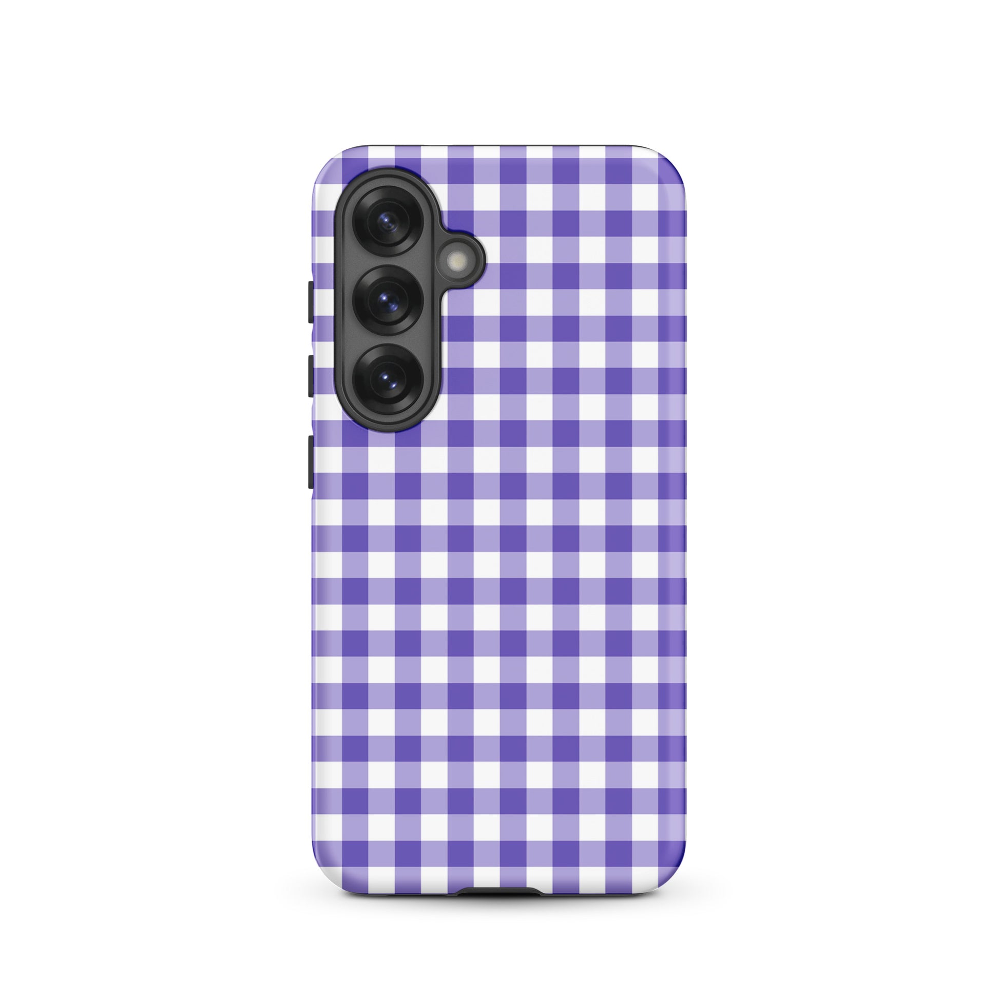 Phone case for Samsung Galaxy with purple gingham pattern, stylish design for protection