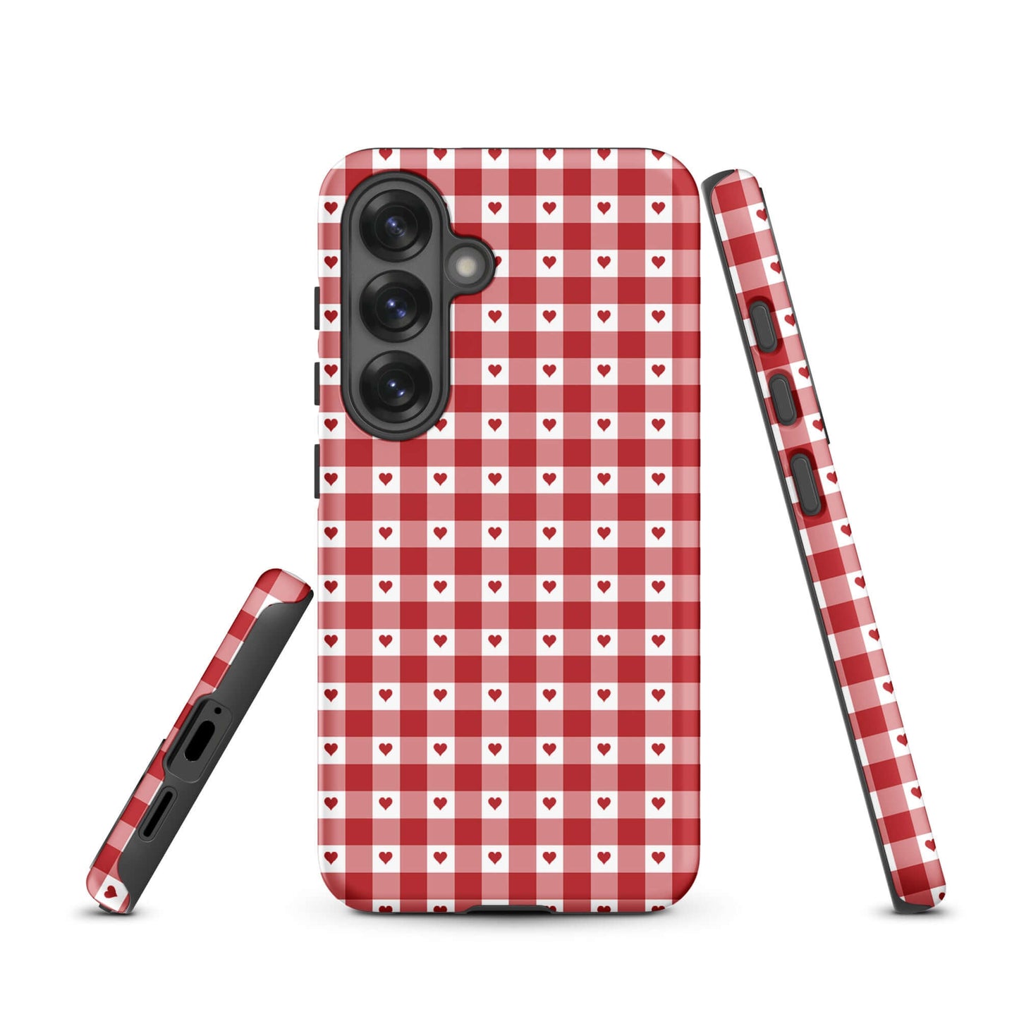 Phone Case for Samsung Galaxy with gingham heart pattern in red and white, showcasing stylish and durable design.