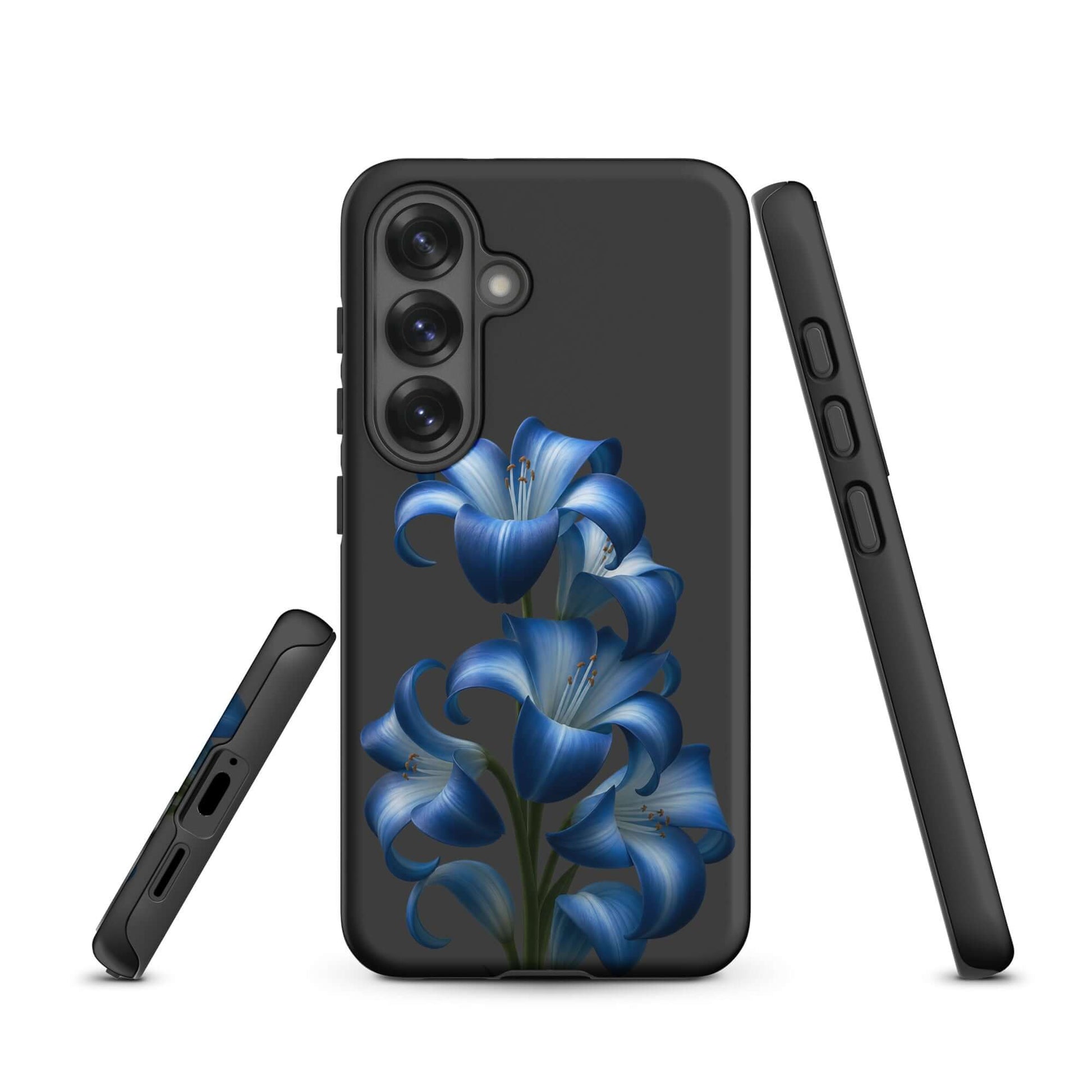Phone Case for Samsung Galaxy featuring blue lily design on a dark background, showcasing protective and stylish floral art.