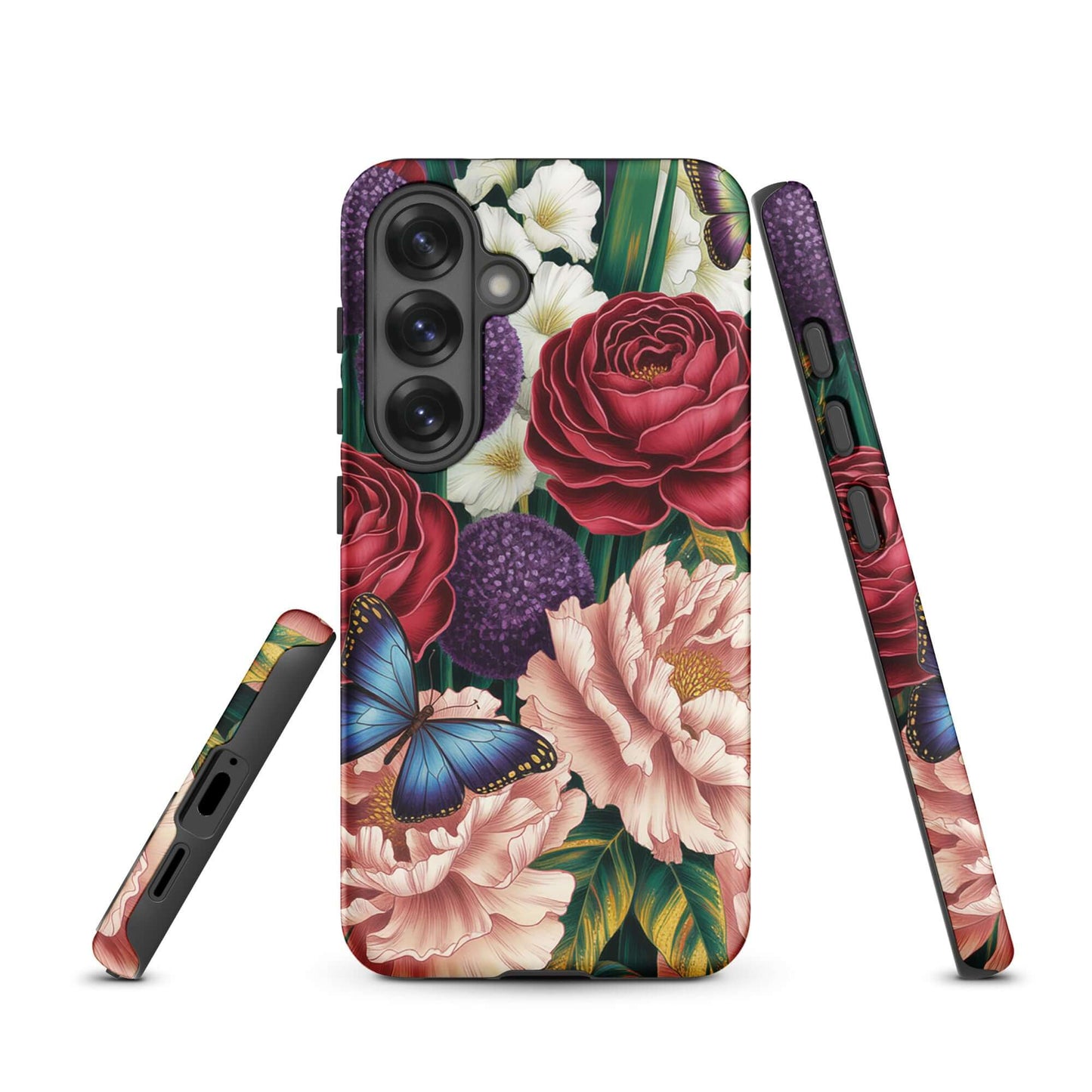 Phone Case for Samsung Galaxy with floral design featuring roses, peonies, alliums, and butterflies.