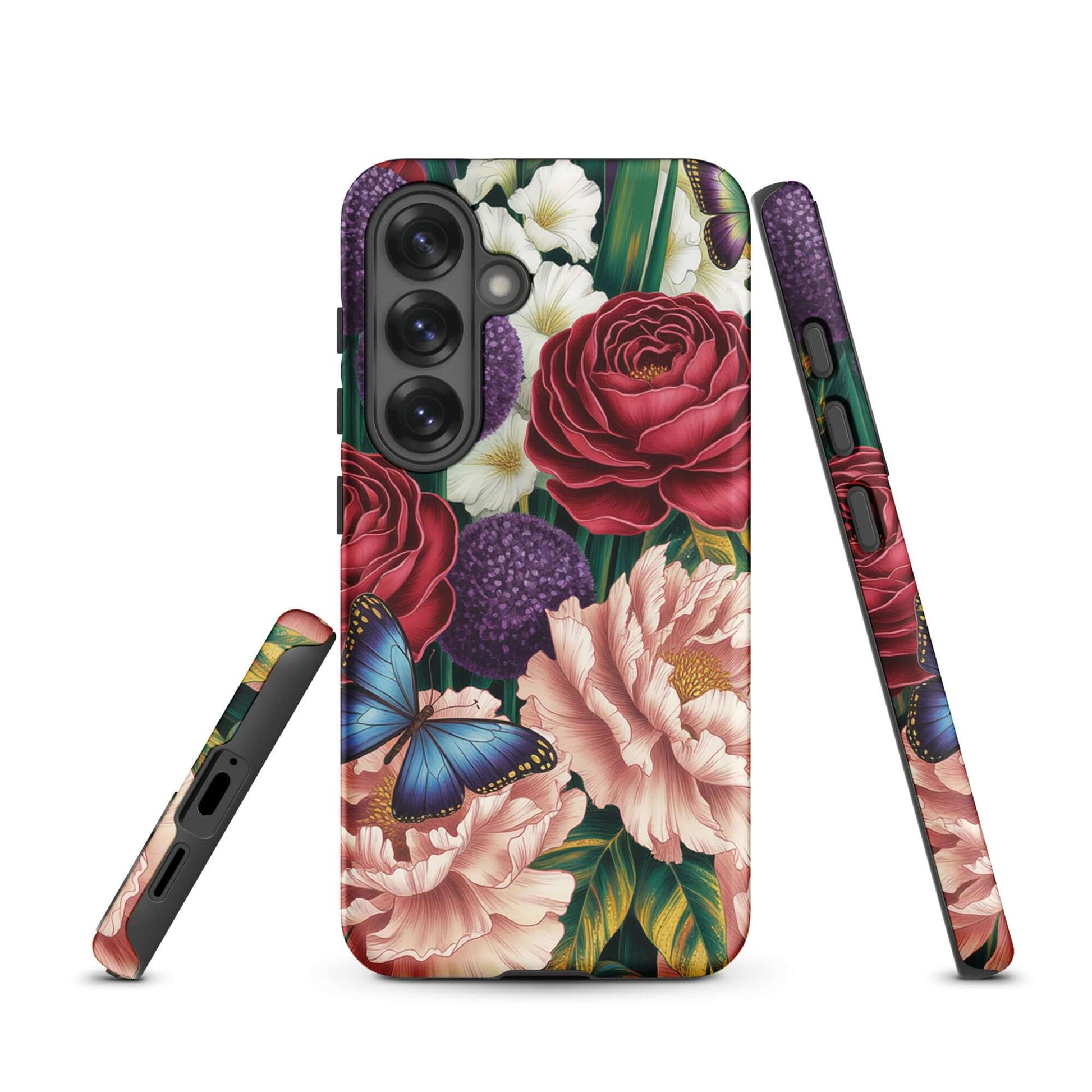 Phone Case for Samsung Galaxy with floral design featuring roses, peonies, alliums, and butterflies.