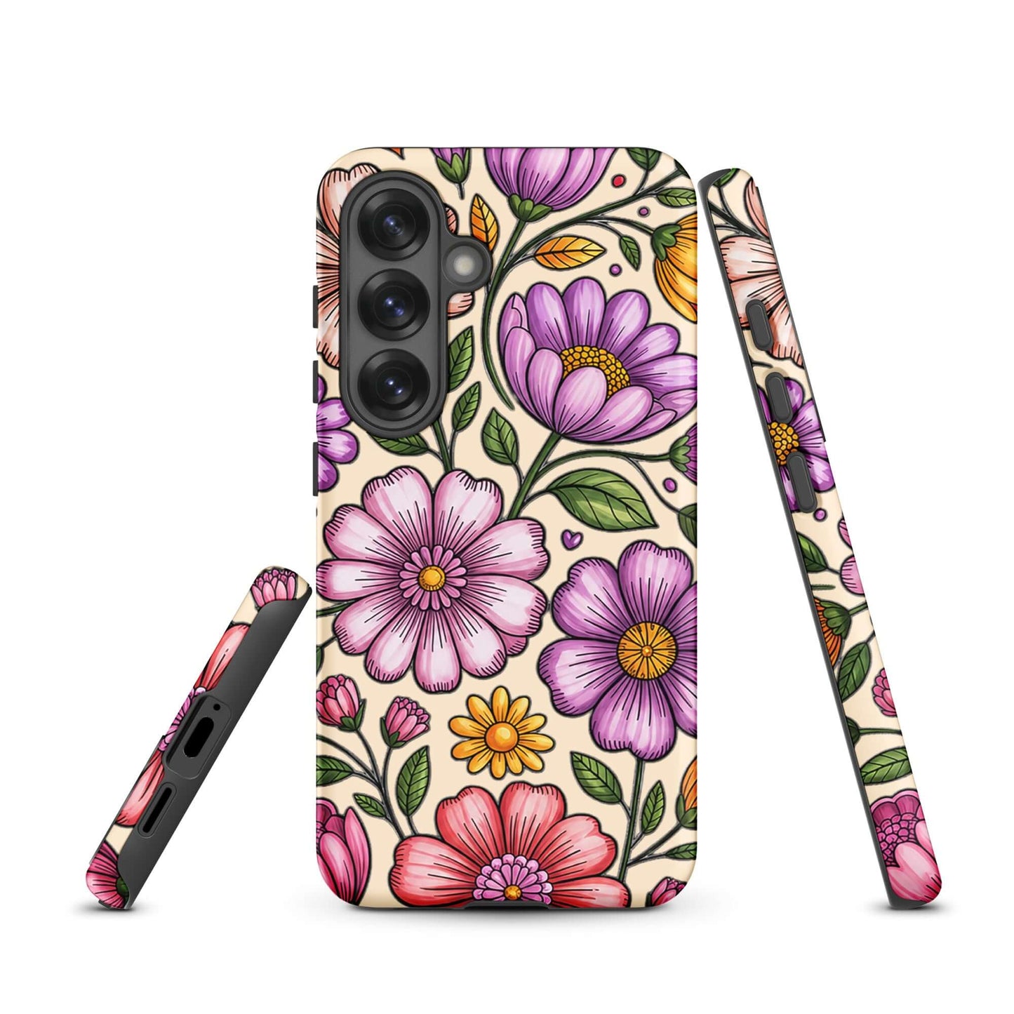 Phone Case for Samsung Galaxy with pastel floral design showcasing blooms in pink, peach, lavender, and yellow hues.