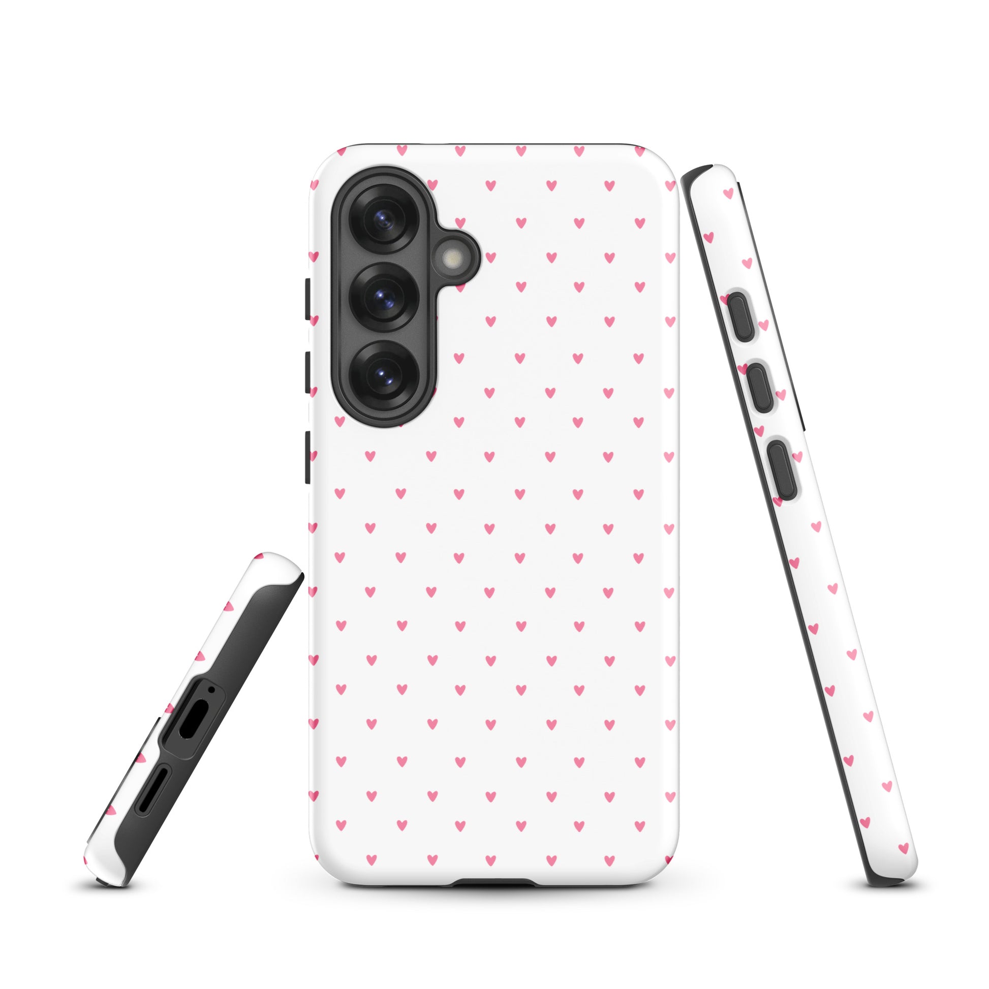 Phone Case for Samsung Galaxy with heart-dot pattern, playful polka-dot design, minimalist yet stylish in white and pink.