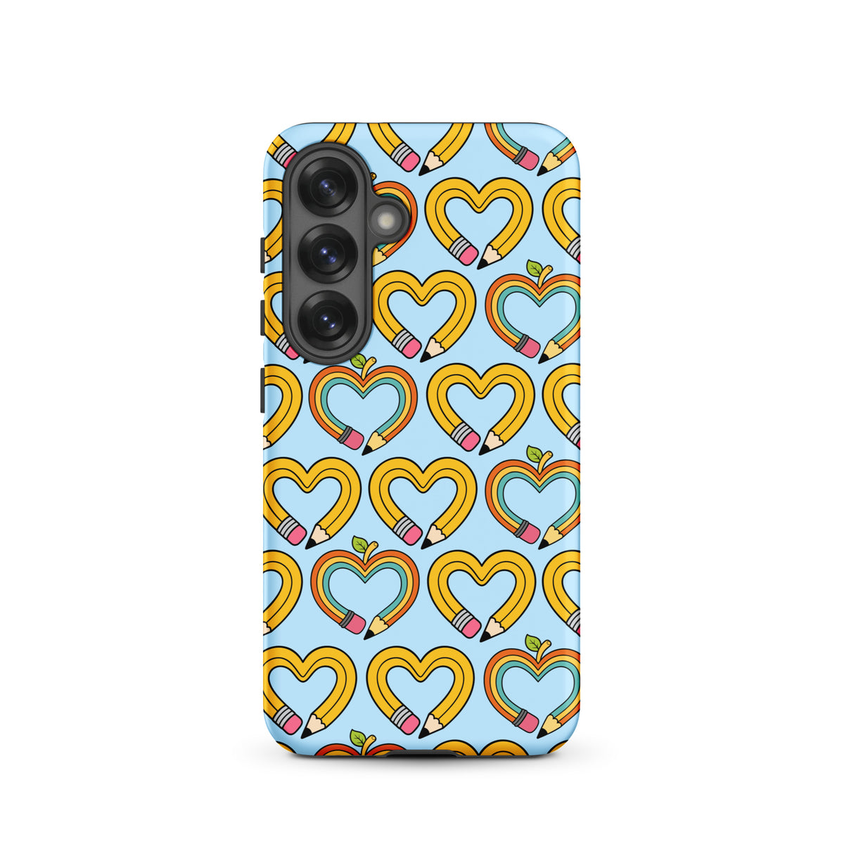 Phone Case with playful pencil-heart pattern for Samsung Galaxy, featuring whimsical pencil hearts and green leaves.