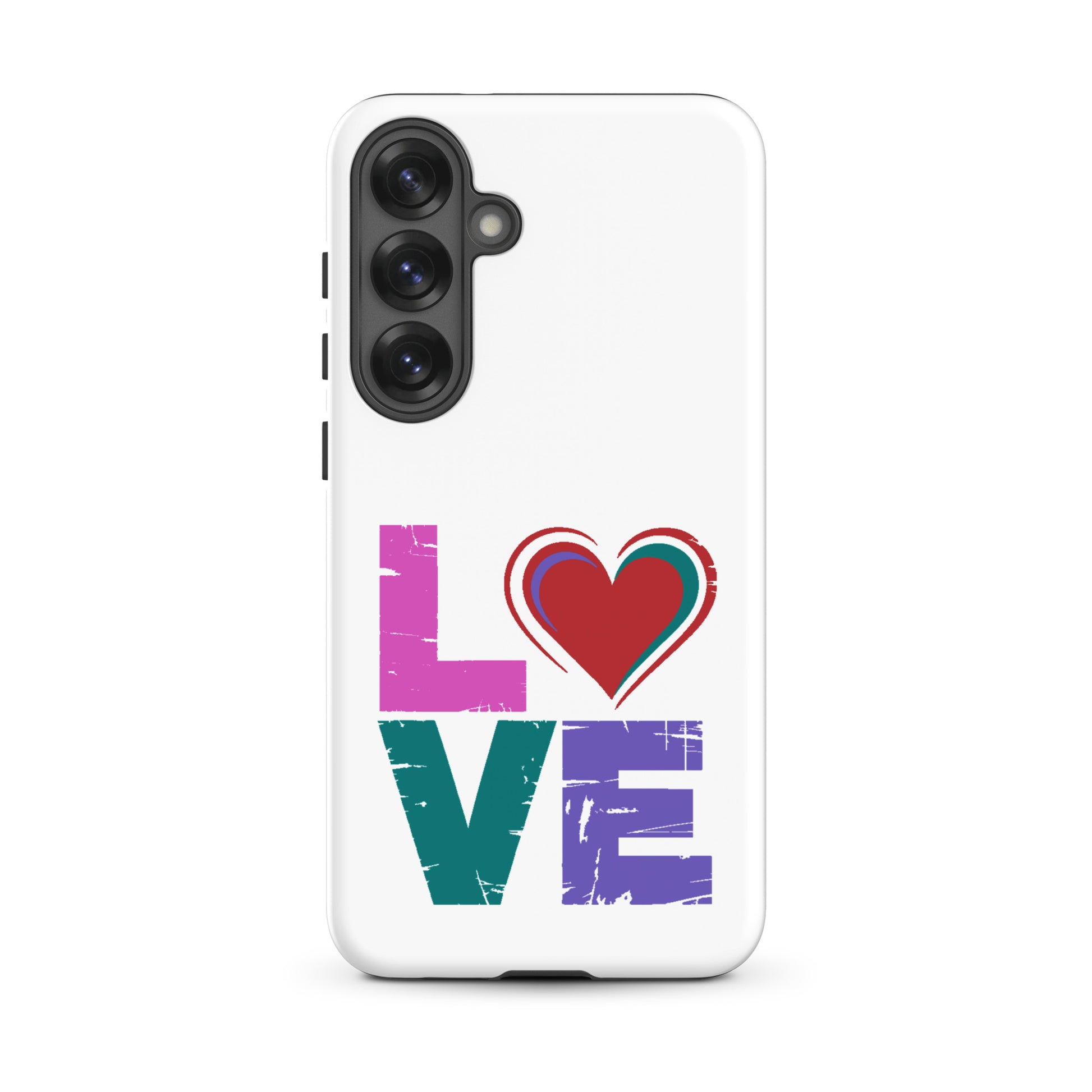 Tough case for Samsung Galaxy Phones featuring a colorful 'LOVE' design with a heart.