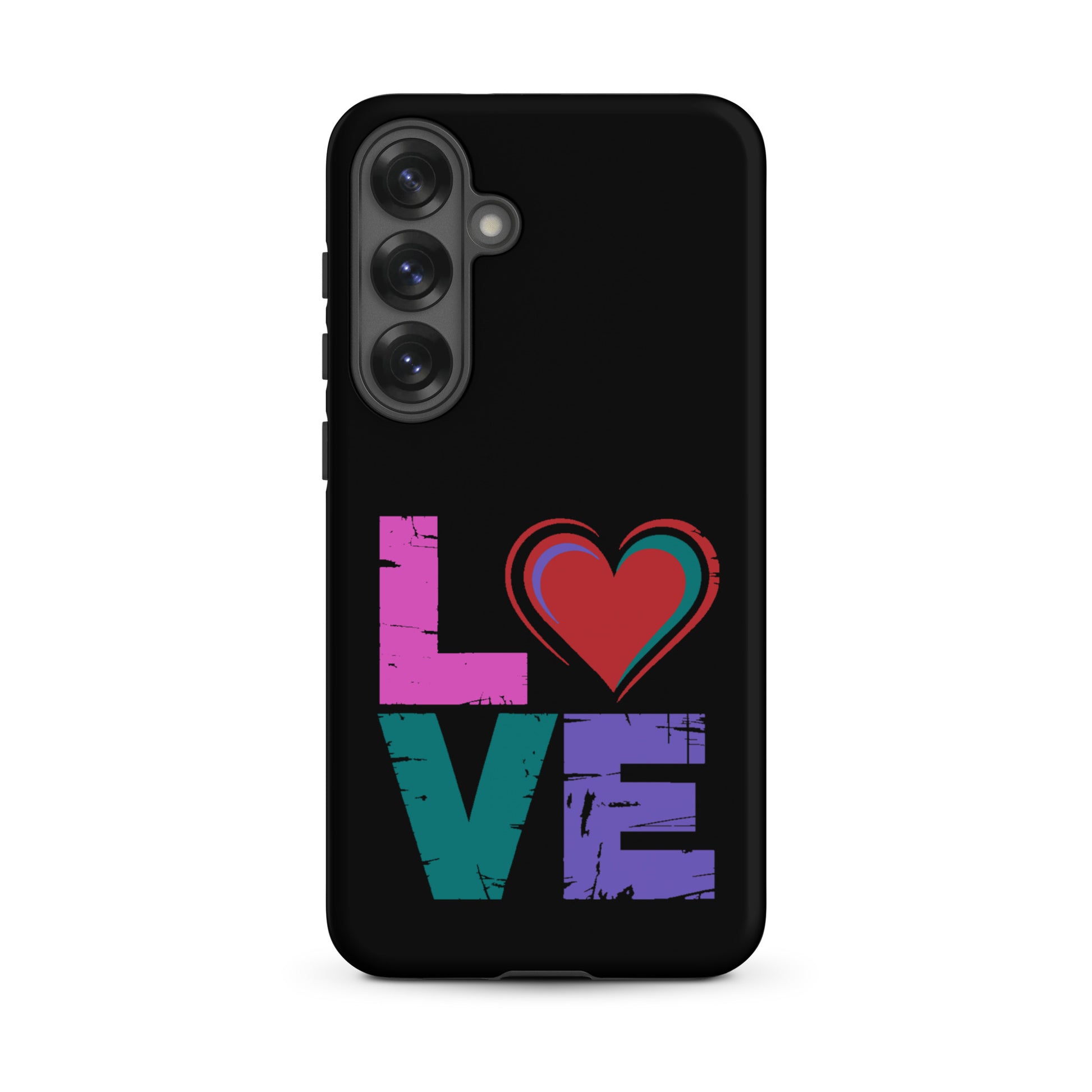 Tough case for Samsung Galaxy Phones featuring colorful 'LOVE' design with heart.