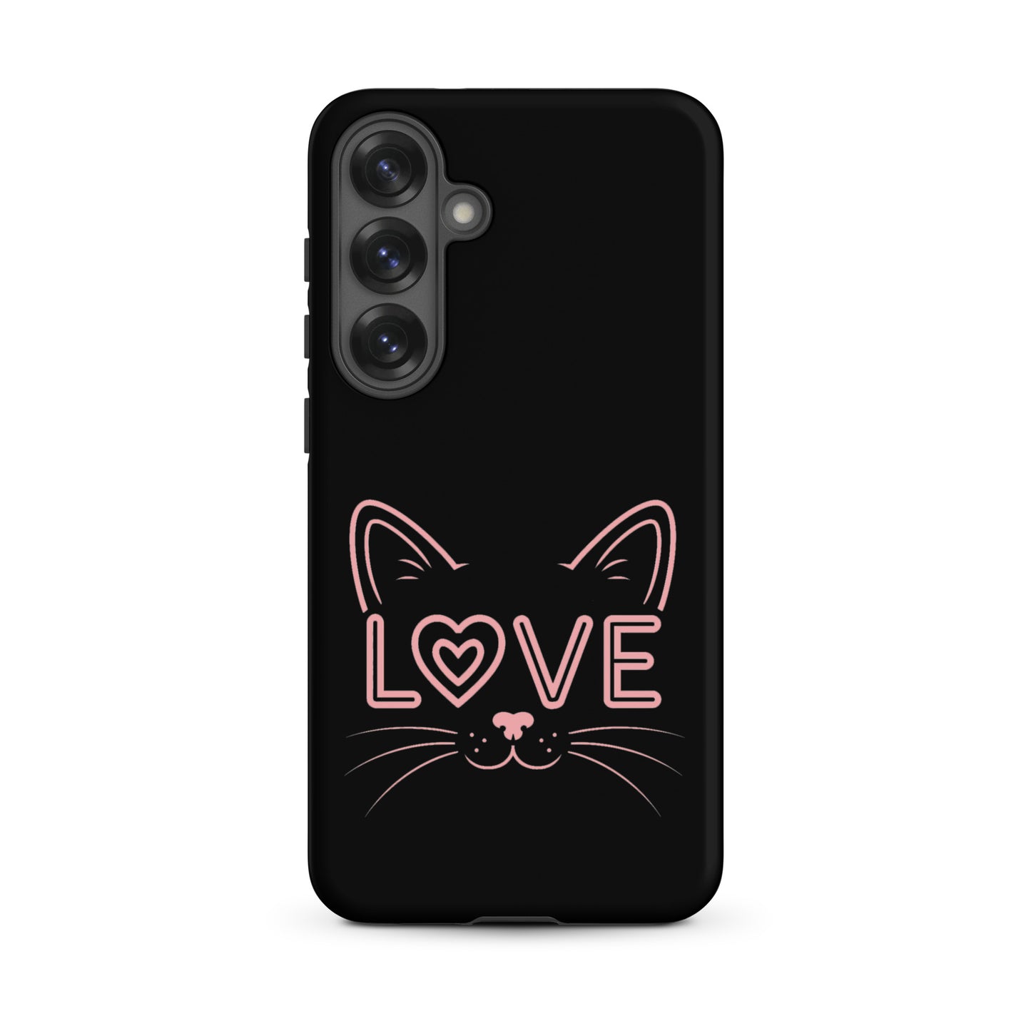 Cat Love phone case design featuring a minimalist cat face and the word 'LOVE' for Samsung Galaxy.