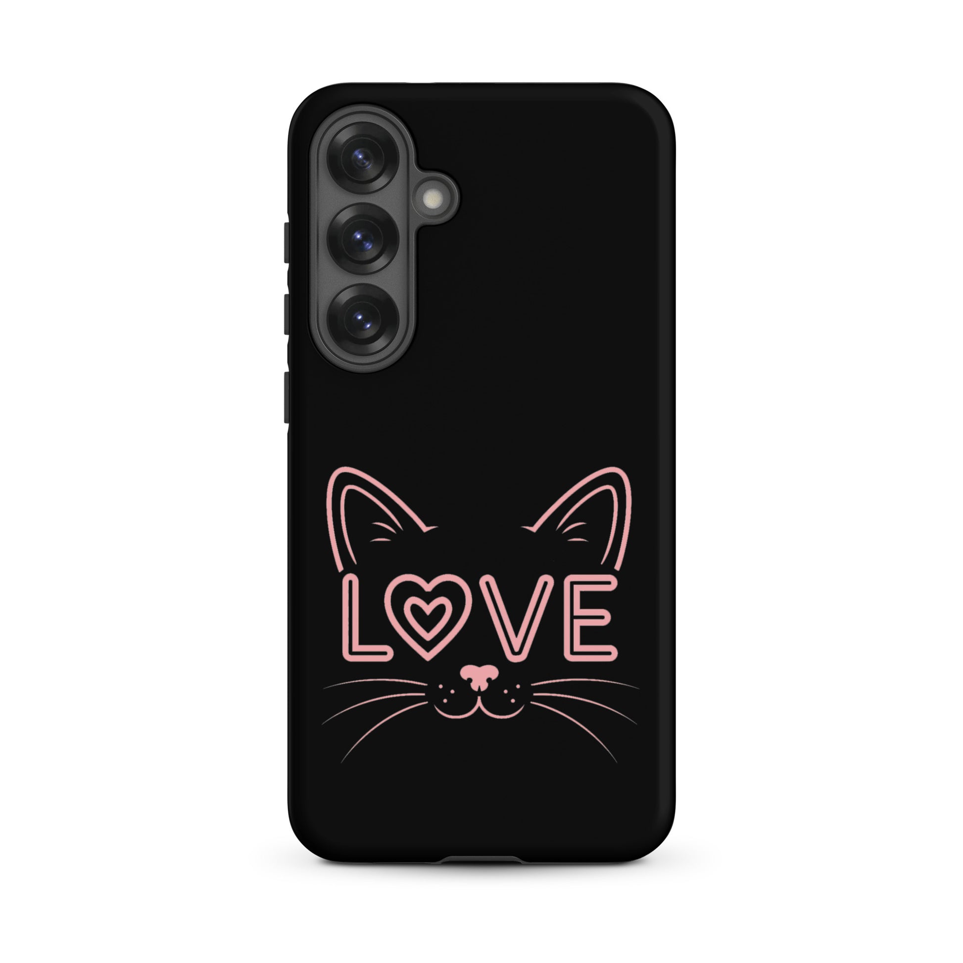 Cat Love phone case design featuring a minimalist cat face and the word 'LOVE' for Samsung Galaxy.