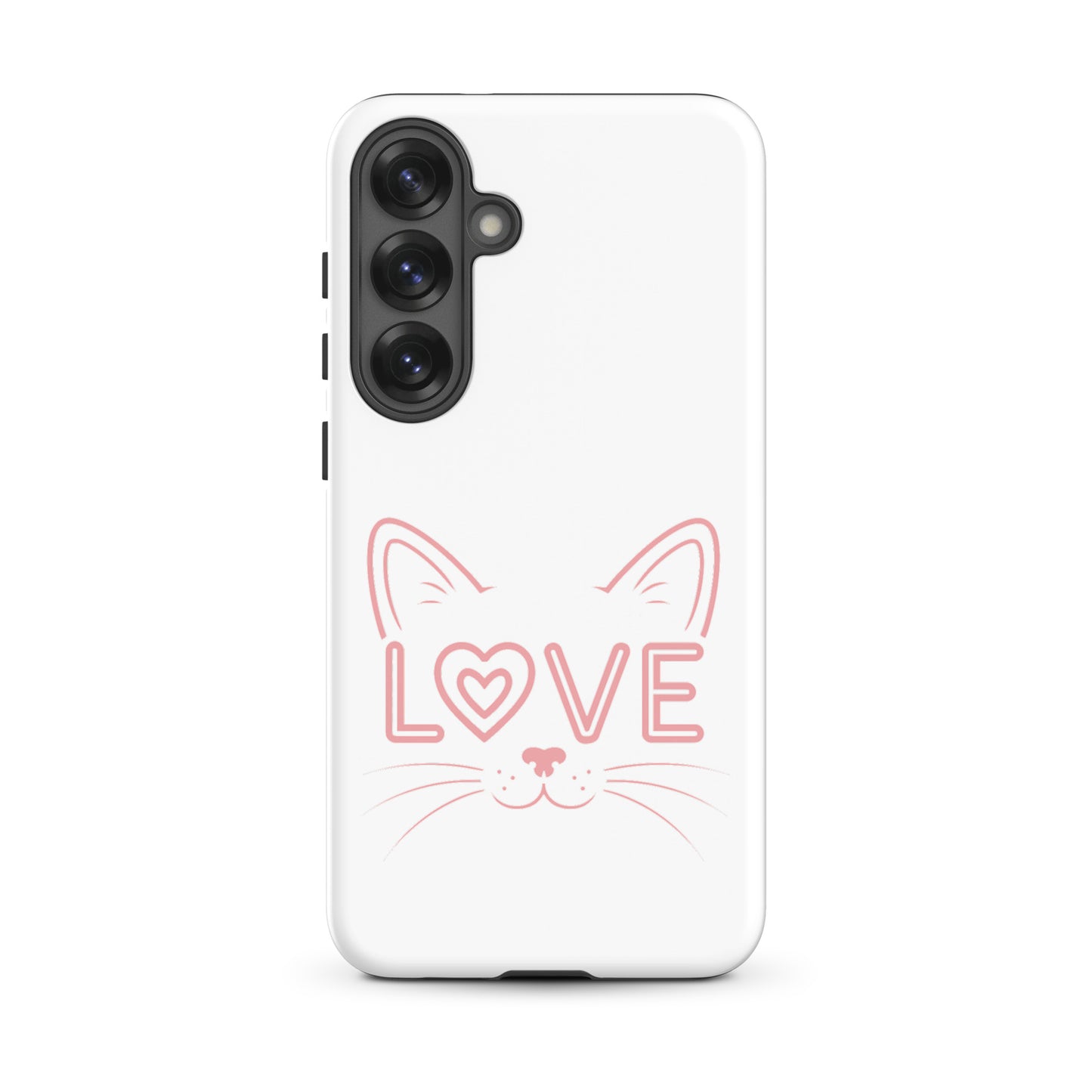 Cat Love Phone Case for Samsung Galaxy featuring minimalist cat face and 'LOVE' design.