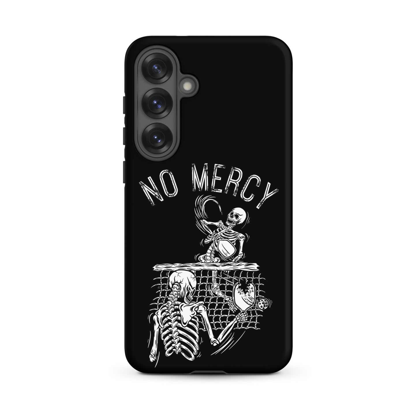 Pickleball Samsung Galaxy Case with 'No Mercy' design, showcasing skeletons in an aggressive pickleball game.