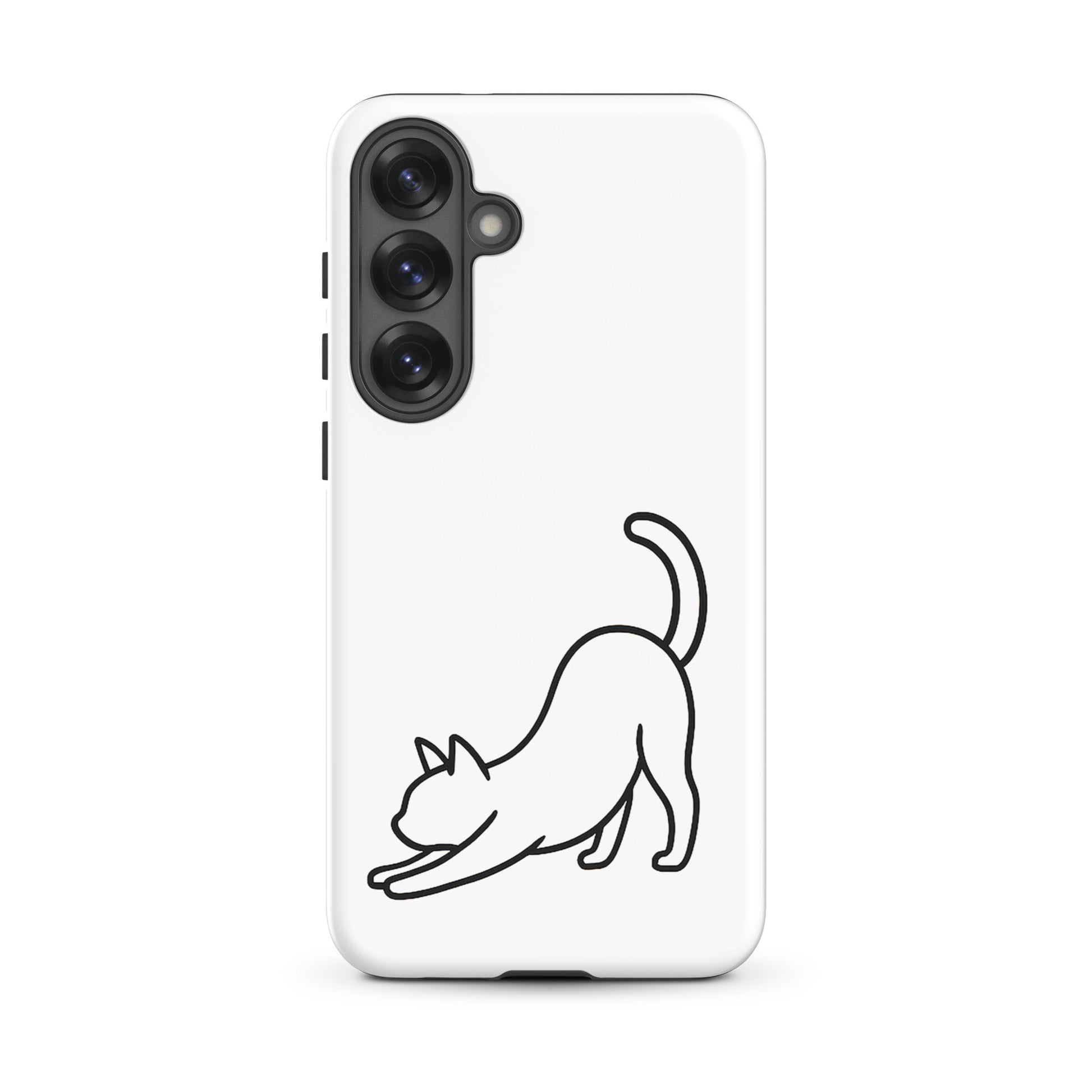 Phone Case for Samsung Galaxy featuring a minimalist stretching cat design on a white background.