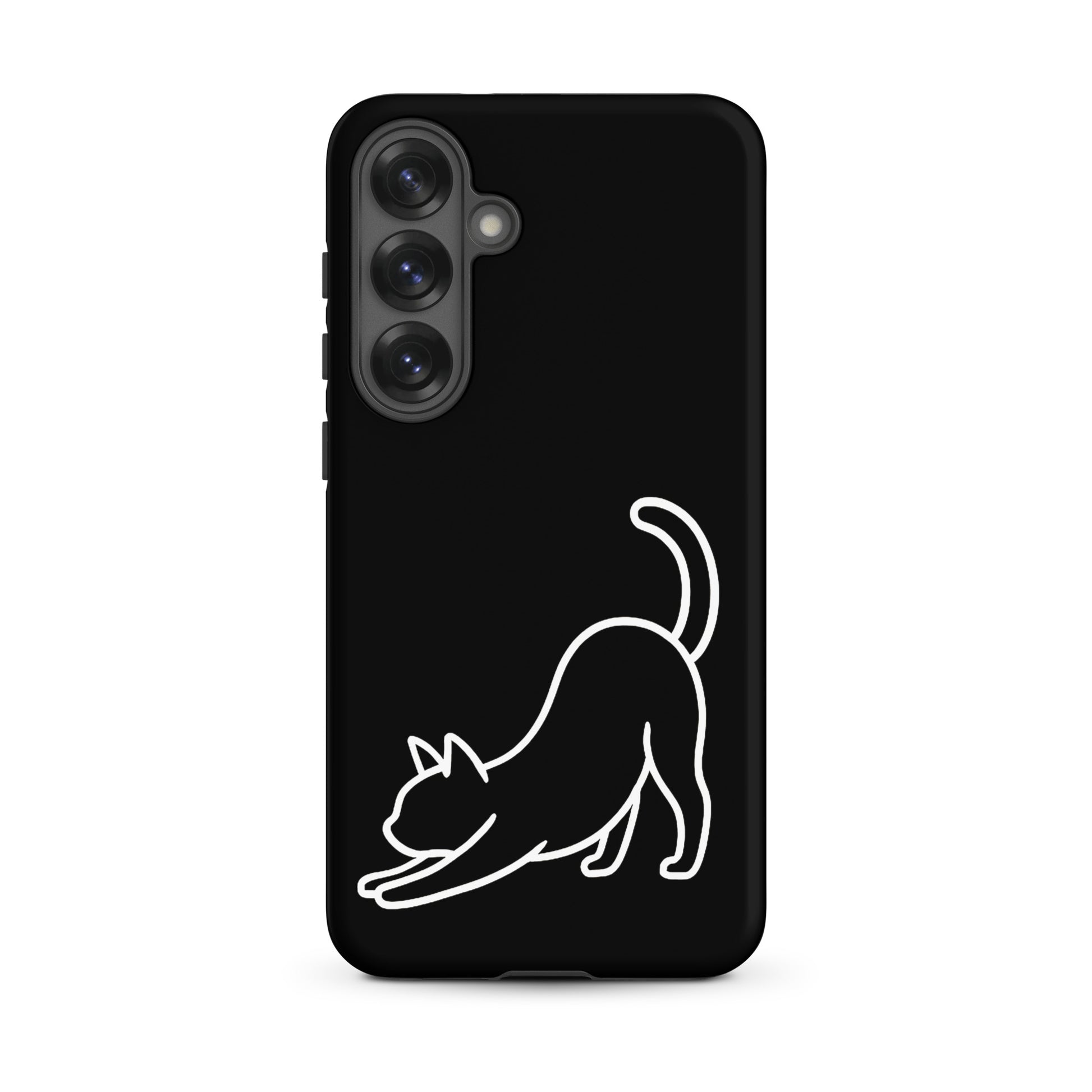 Phone Case for Samsung Galaxy featuring a minimalist stretching cat design on a sleek black background.