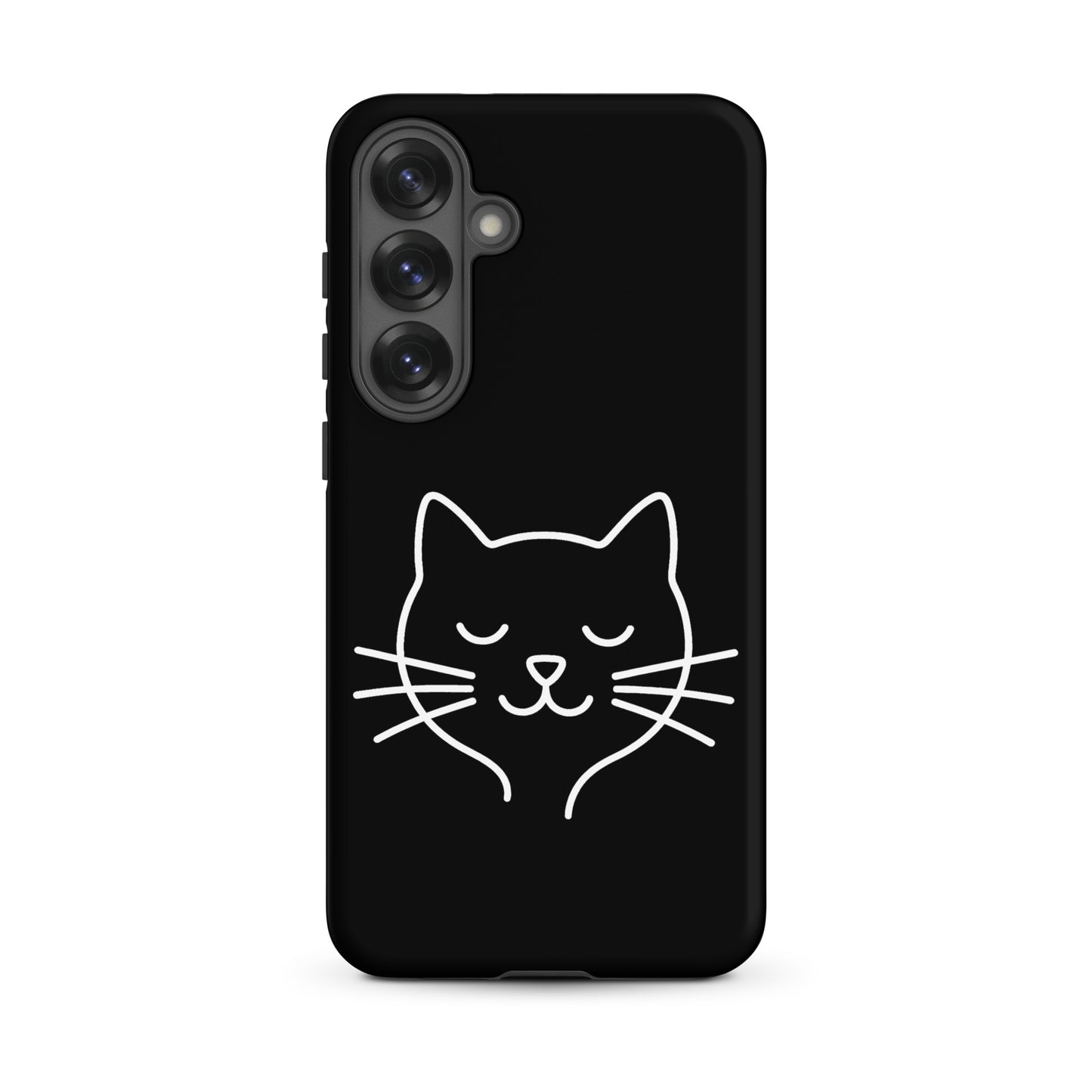 Phone Case for Samsung Galaxy featuring cute minimalist cat line art design on black background.