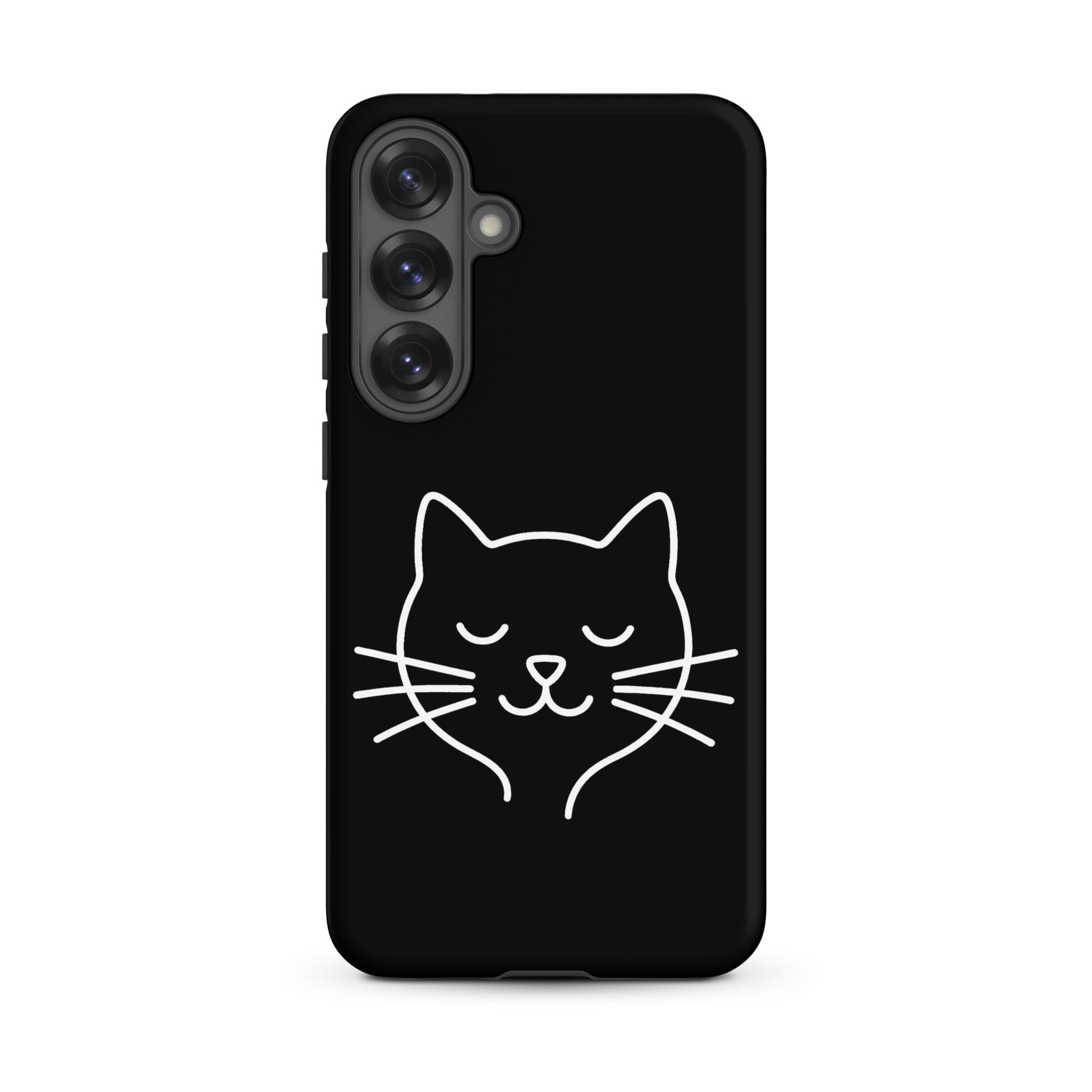 Phone Case for Samsung Galaxy featuring cute minimalist cat line art design on black background.