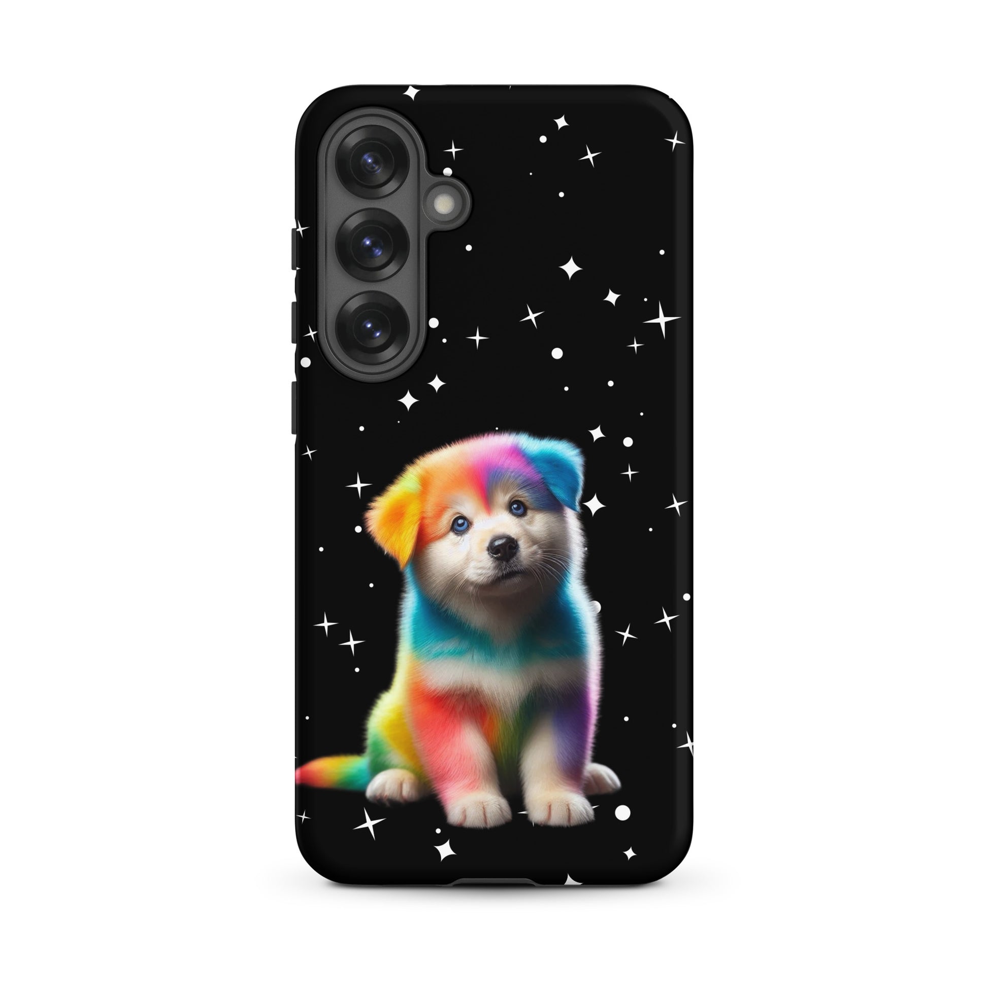 Phone Case for Samsung Galaxy featuring a colorful rainbow puppy on a starry night background.