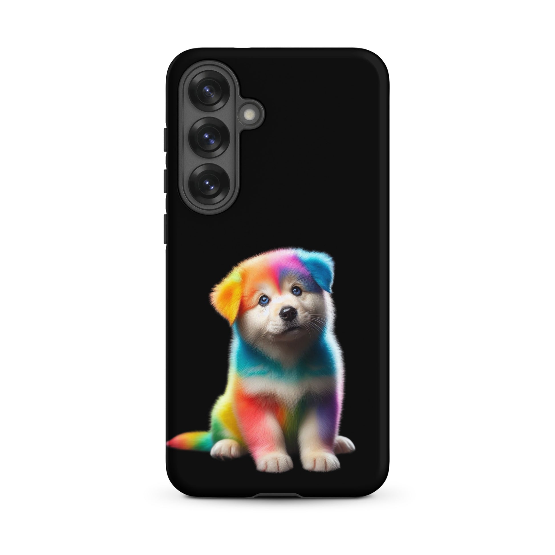 Phone Case for Samsung Galaxy featuring a colorful rainbow puppy design on a black background.