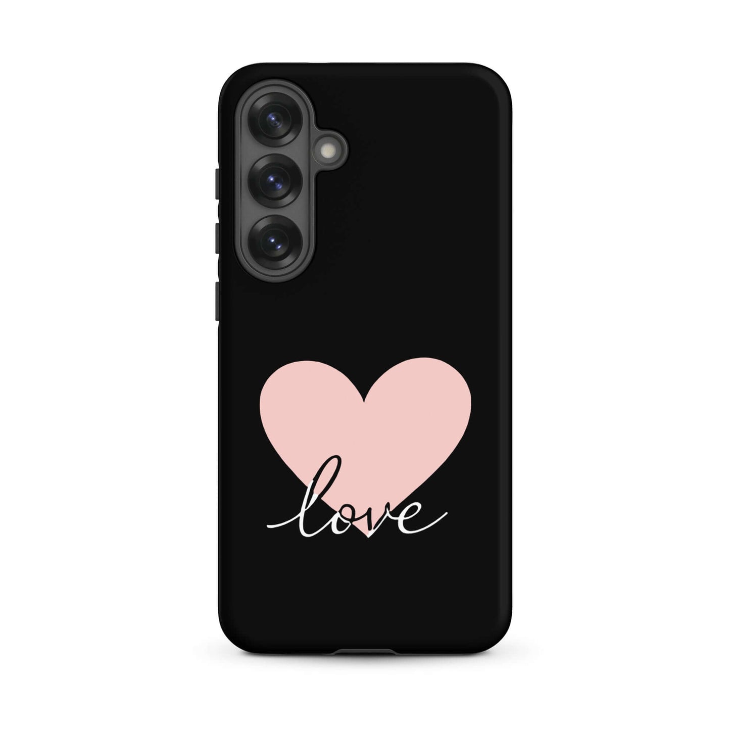 Phone Case Samsung Galaxy with heart and script love design on a black background.