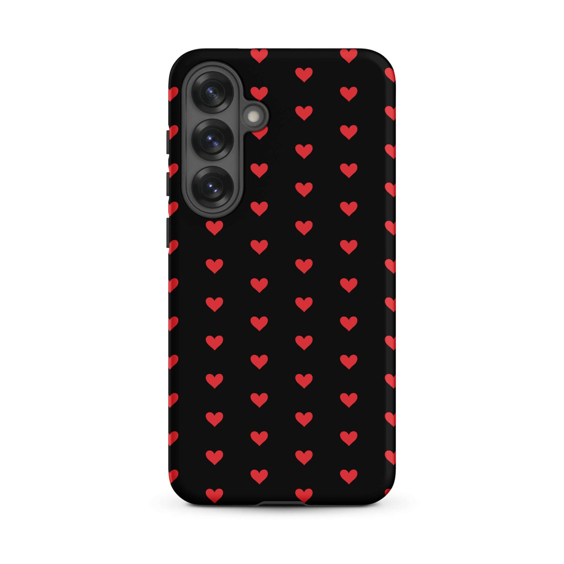 Phone Case for Samsung Galaxy featuring a pattern of fiery red hearts on a black background.