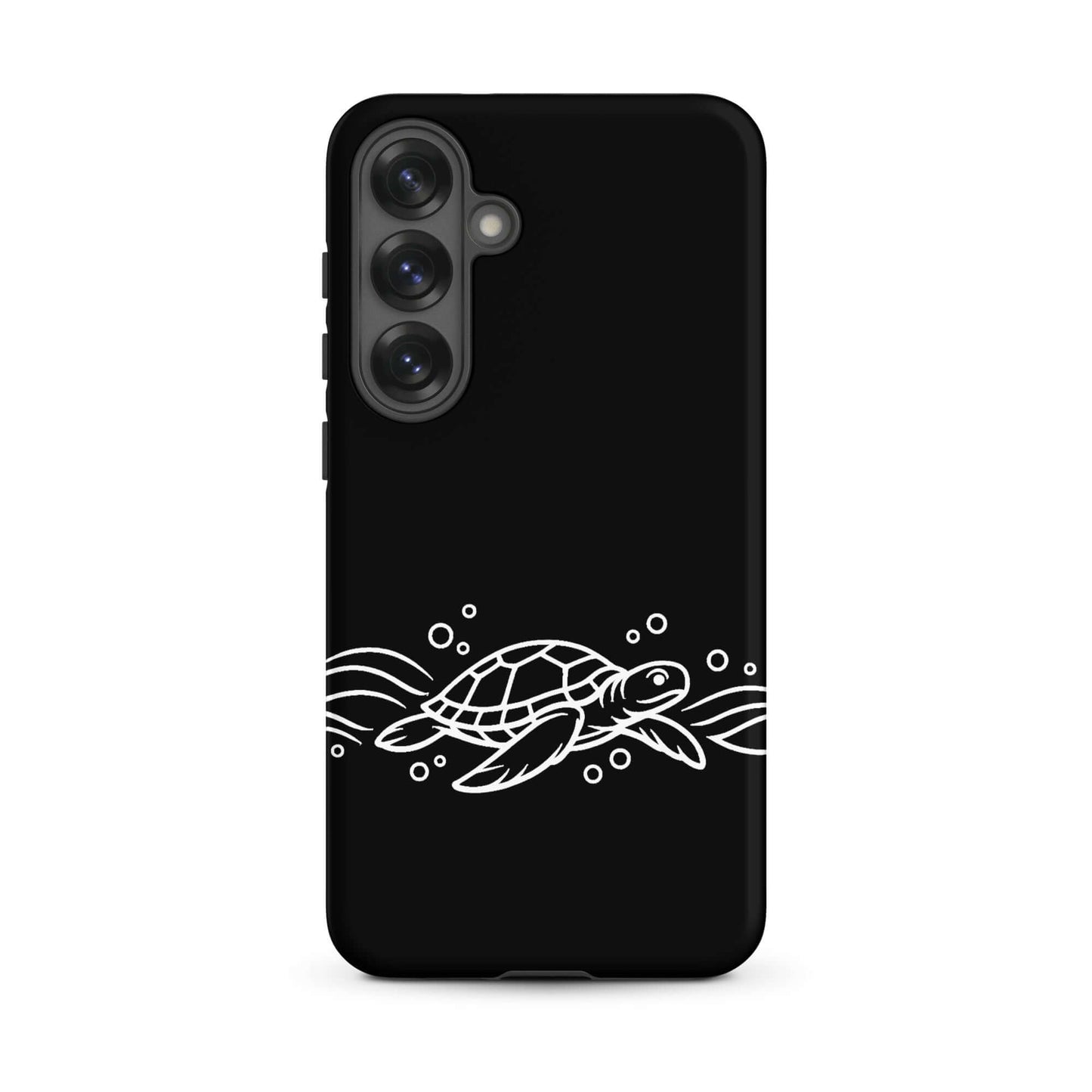 Phone Case for Samsung Galaxy featuring a minimalist sea turtle and waves design in white on a black background.