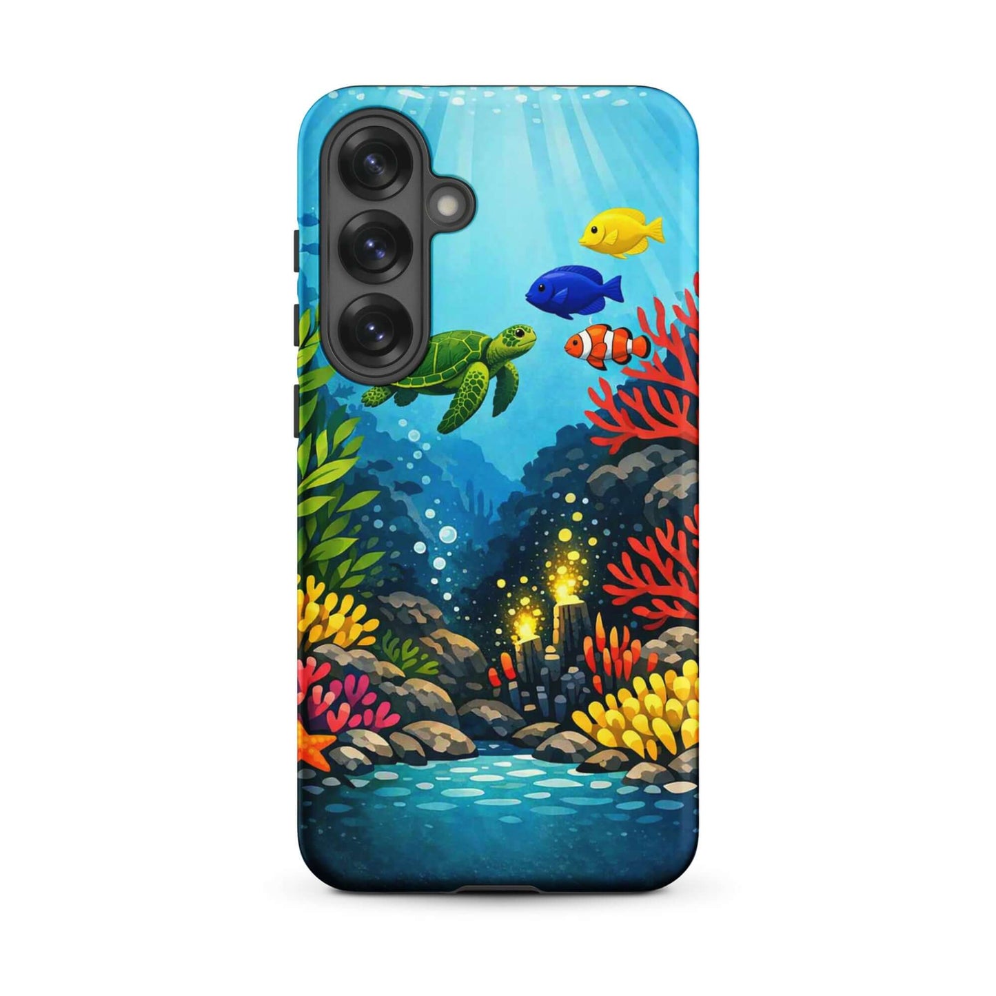 Phone case for Samsung Galaxy with vibrant sea turtle and coral reef design, showcasing colorful marine life.