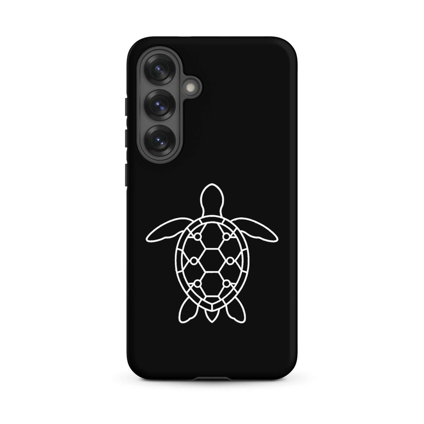 Phone case for Samsung Galaxy featuring a minimalist sea turtle silhouette design on a black background.